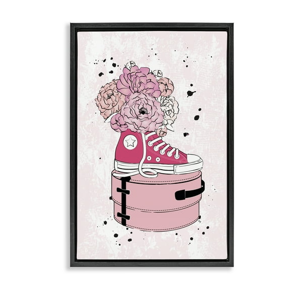 Stupell Industries Pink Floral Sneaker Beauty & Fashion Painting Black Floater Framed Art Print Wall Art, 17 x 25