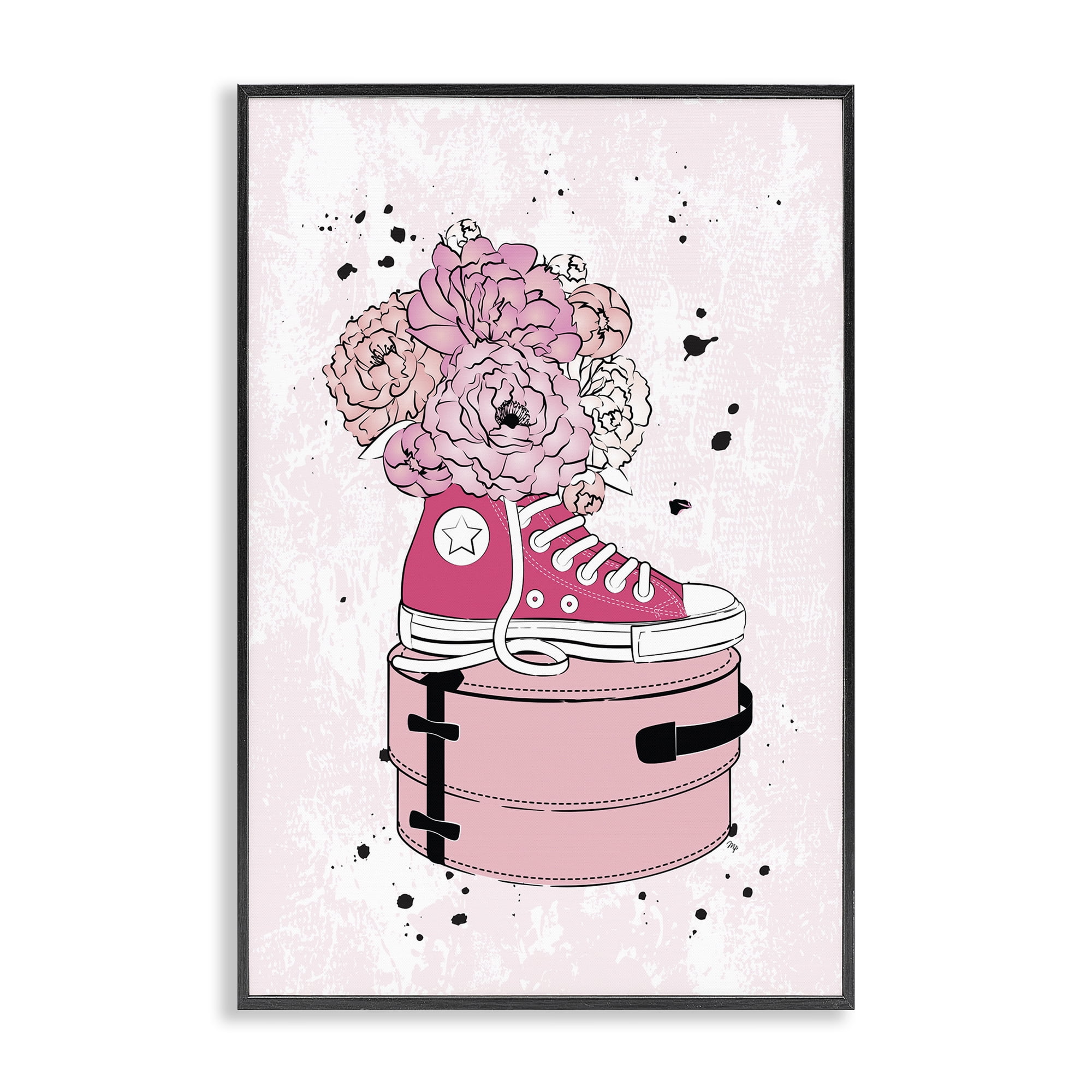 Stupell Industries Pink Floral Sneaker Beauty & Fashion Painting Black Framed Art Print Wall Art, 12 x 18