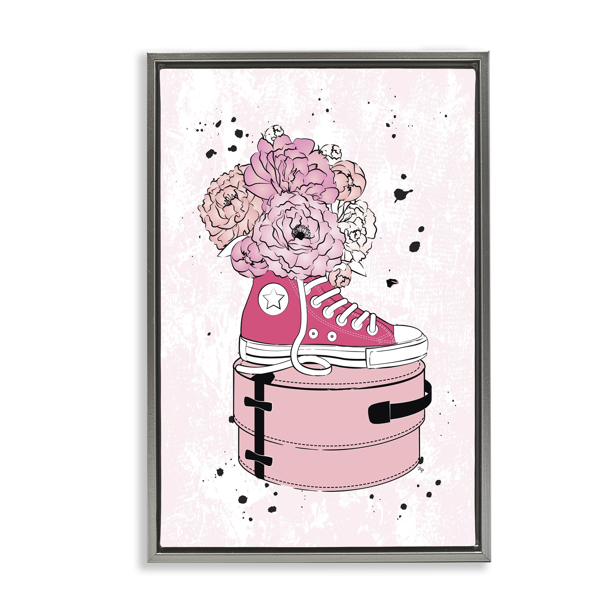 Stupell Industries Pink Floral Sneaker Beauty & Fashion Painting Gray Floater Framed Art Print Wall Art, 21 x 31