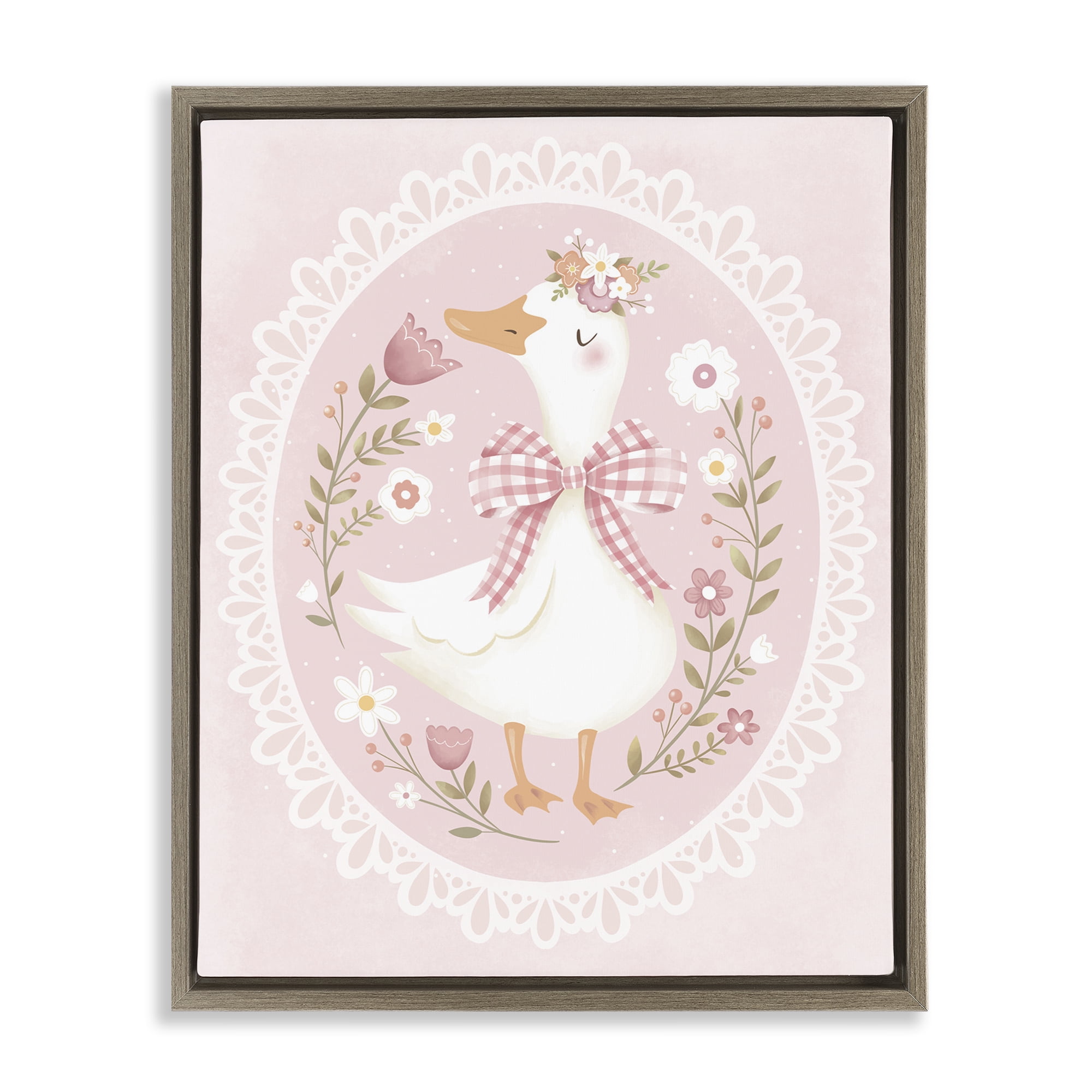 Stupell Industries Pink Floral Spring Goose Brown Framed Floater Canvas Wall Art, design by Penny Aguilera