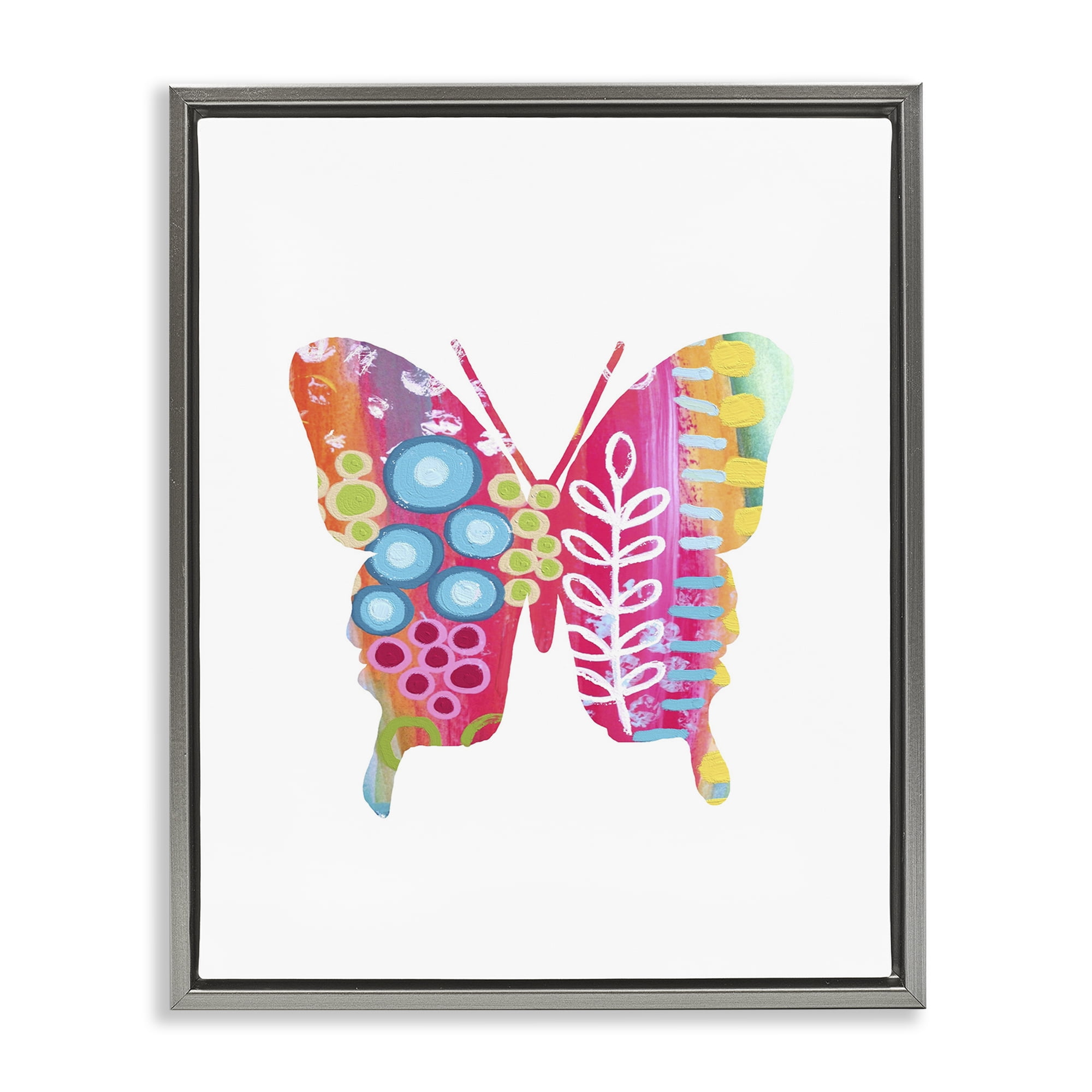 Stupell Industries Pink Florals Butterfly Animals & Insects Painting Gray Floater Framed Art Print Wall Art, 25 x 31