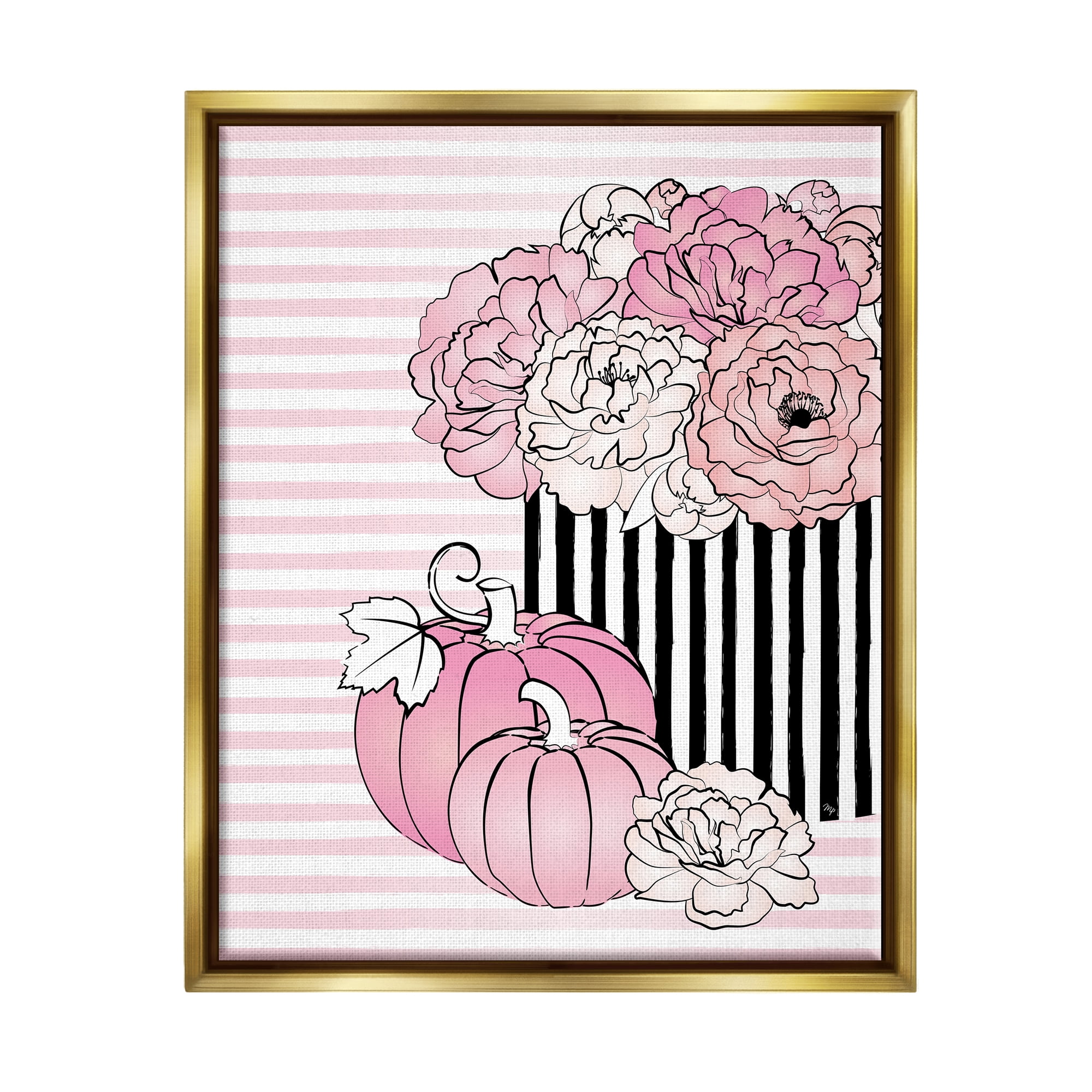 Stupell Industries Pink Florals & Pumpkins Botanical & Floral Painting Gold Floater Framed Canvas Art Print Wall Art, 25 x 31