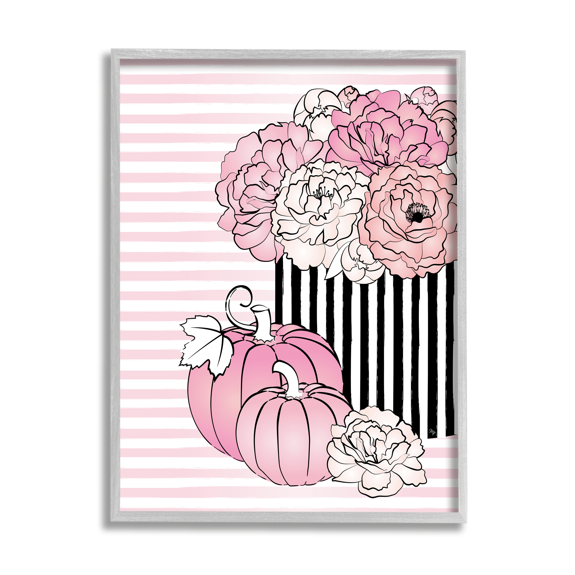 Stupell Industries Pink Florals & Pumpkins Botanical & Floral Painting Gray Framed Art Print Wall Art, 24 x 30