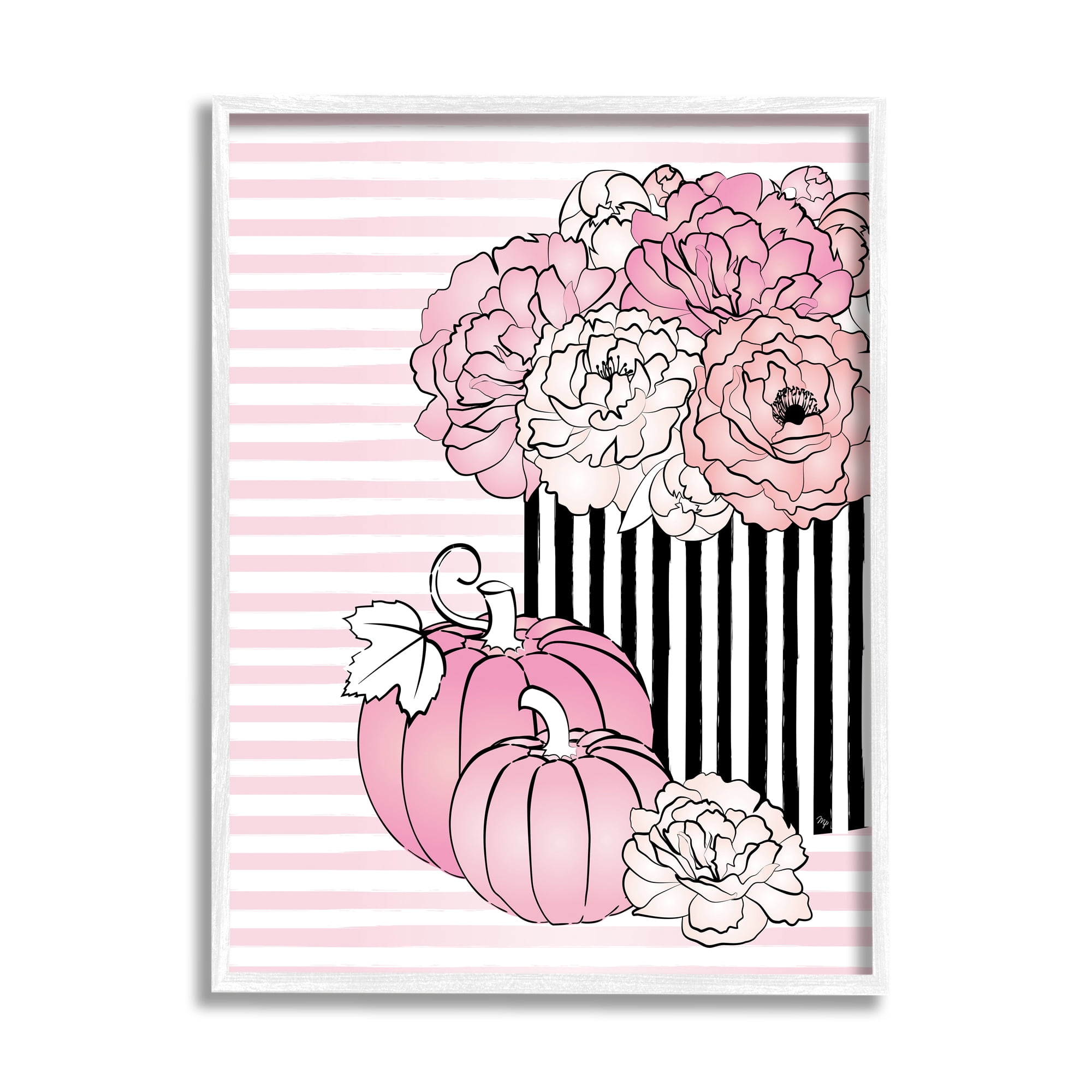 Stupell Industries Pink Florals & Pumpkins Botanical & Floral Painting White Framed Art Print Wall Art, 16 x 20