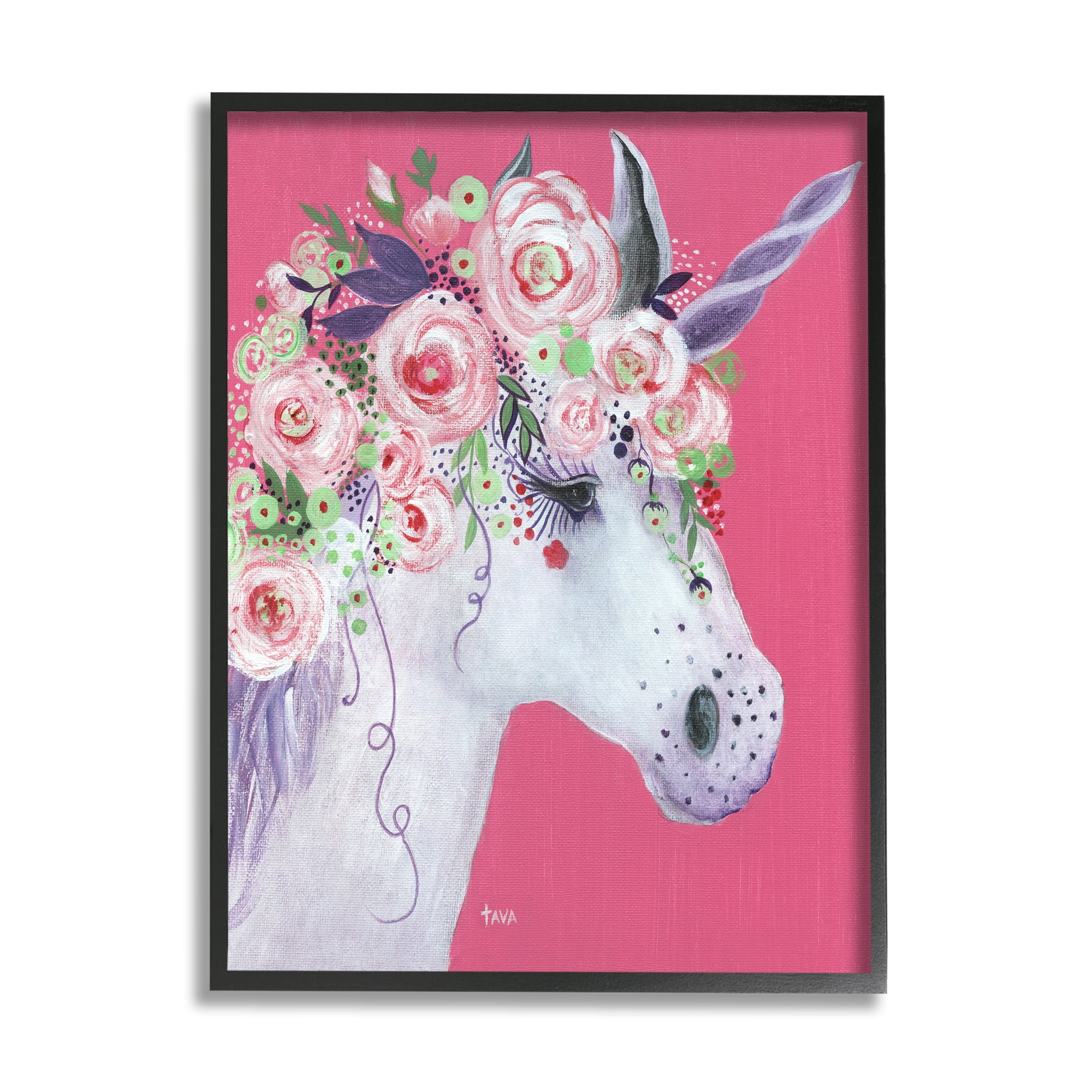 Stupell Industries Pink Florals Purple Unicorn Mythical Animal Portrait Fairy Tales & Fantasy Painting Black Framed Art Print Wall Art, 16 x 20