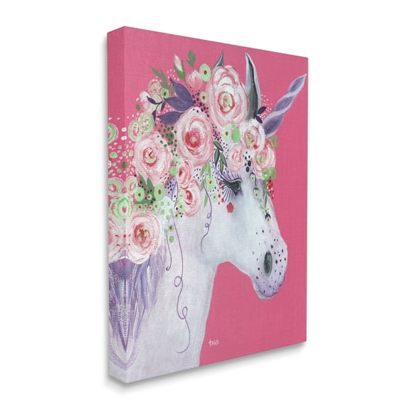 Stupell Industries Pink Florals Purple Unicorn Mythical Animal Portrait Fairy Tales & Fantasy Painting Gallery Wrapped Canvas Print Wall Art, 24 x 30
