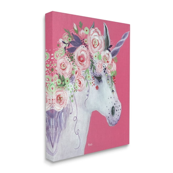 Stupell Industries Pink Florals Purple Unicorn Mythical Animal Portrait Fairy Tales & Fantasy Painting Gallery Wrapped Canvas Print Wall Art, 24 x 30
