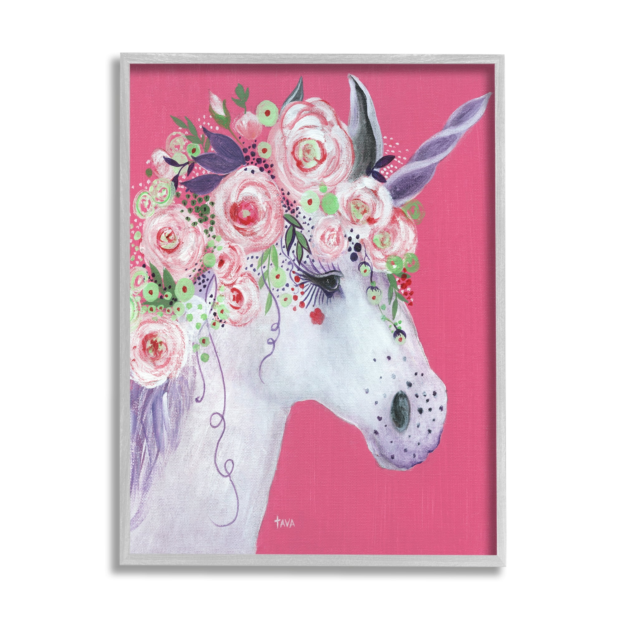 Stupell Industries Pink Florals Purple Unicorn Mythical Animal Portrait Fairy Tales & Fantasy Painting Gray Framed Art Print Wall Art, 16 x 20