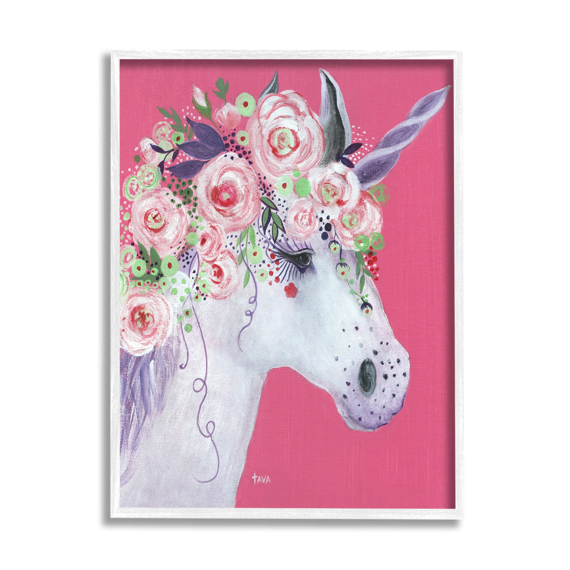 Stupell Industries Pink Florals Purple Unicorn Mythical Animal Portrait Fairy Tales & Fantasy Painting White Framed Art Print Wall Art, 16 x 20