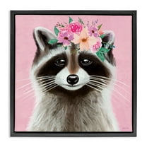Stupell Industries Pink Florals Raccoon Animals & Insects Painting Black Floater Framed Canvas Art Print Wall Art, 18 x 18