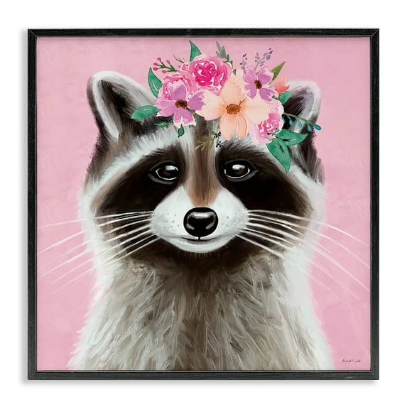 Stupell Industries Pink Florals Raccoon Animals & Insects Painting Black Framed Art Print Wall Art, 12 x 12