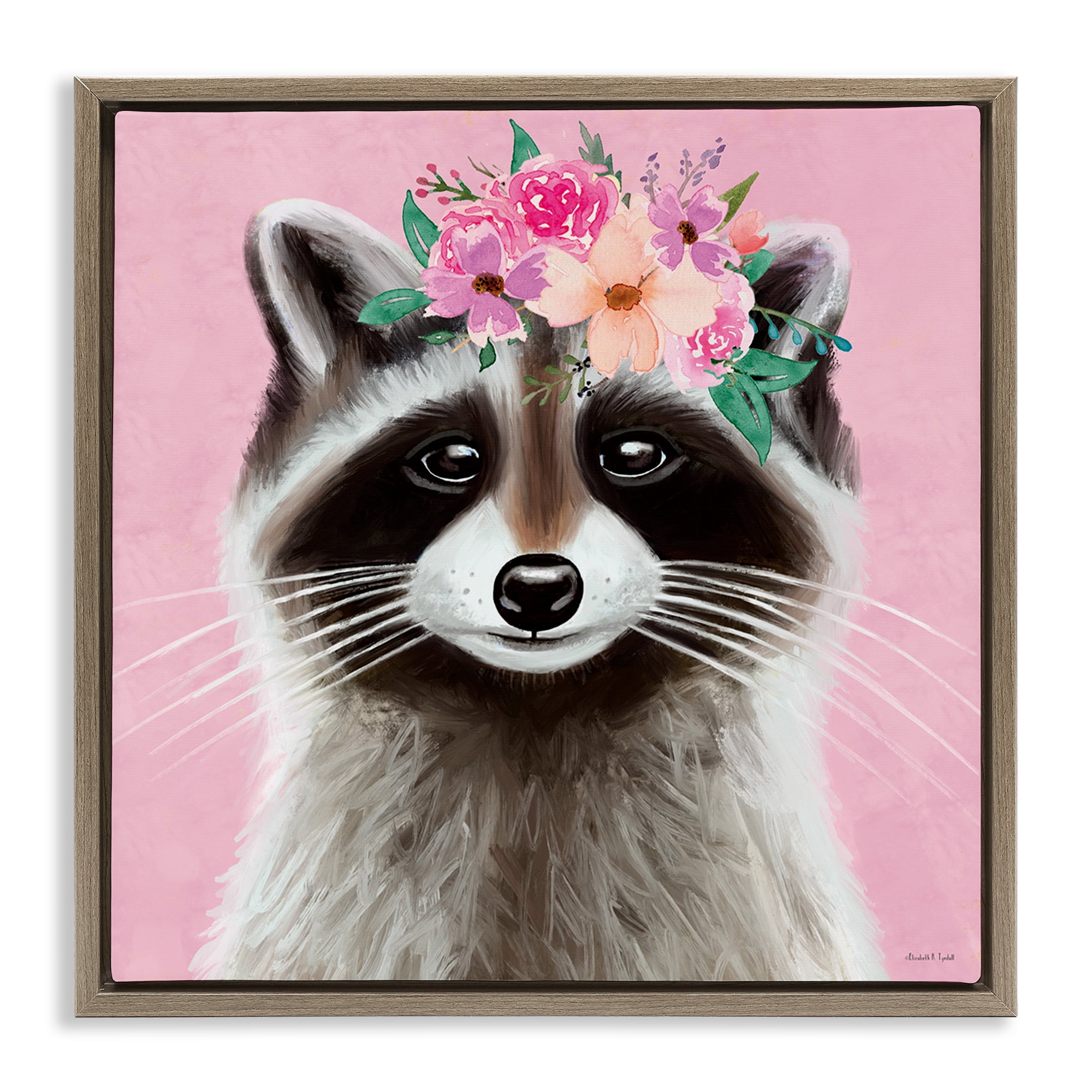 Stupell Industries Pink Florals Raccoon Animals & Insects Painting Brown Floater Framed Canvas Art Print Wall Art, 25 x 25