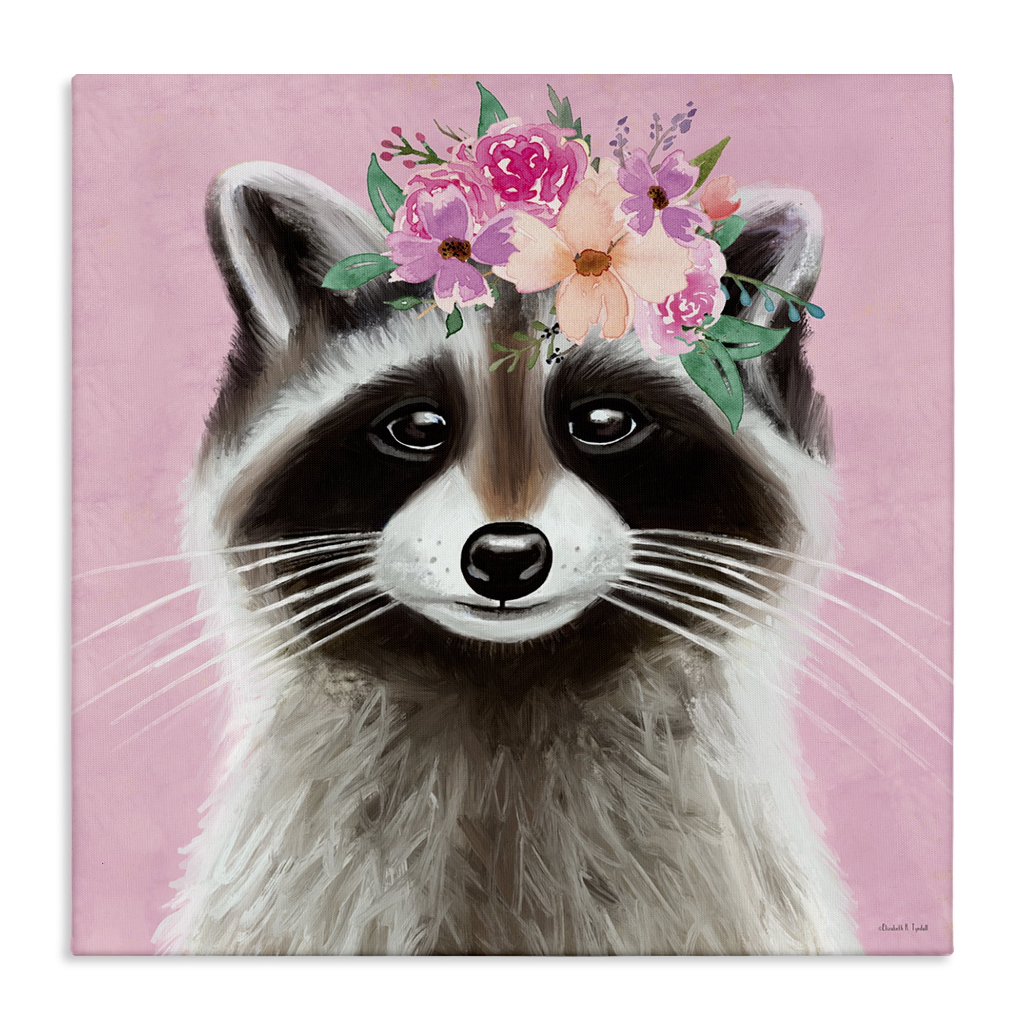 Stupell Industries Pink Florals Raccoon Animals & Insects Painting Gallery Wrapped Canvas Art Print Wall Art, 24 x 24