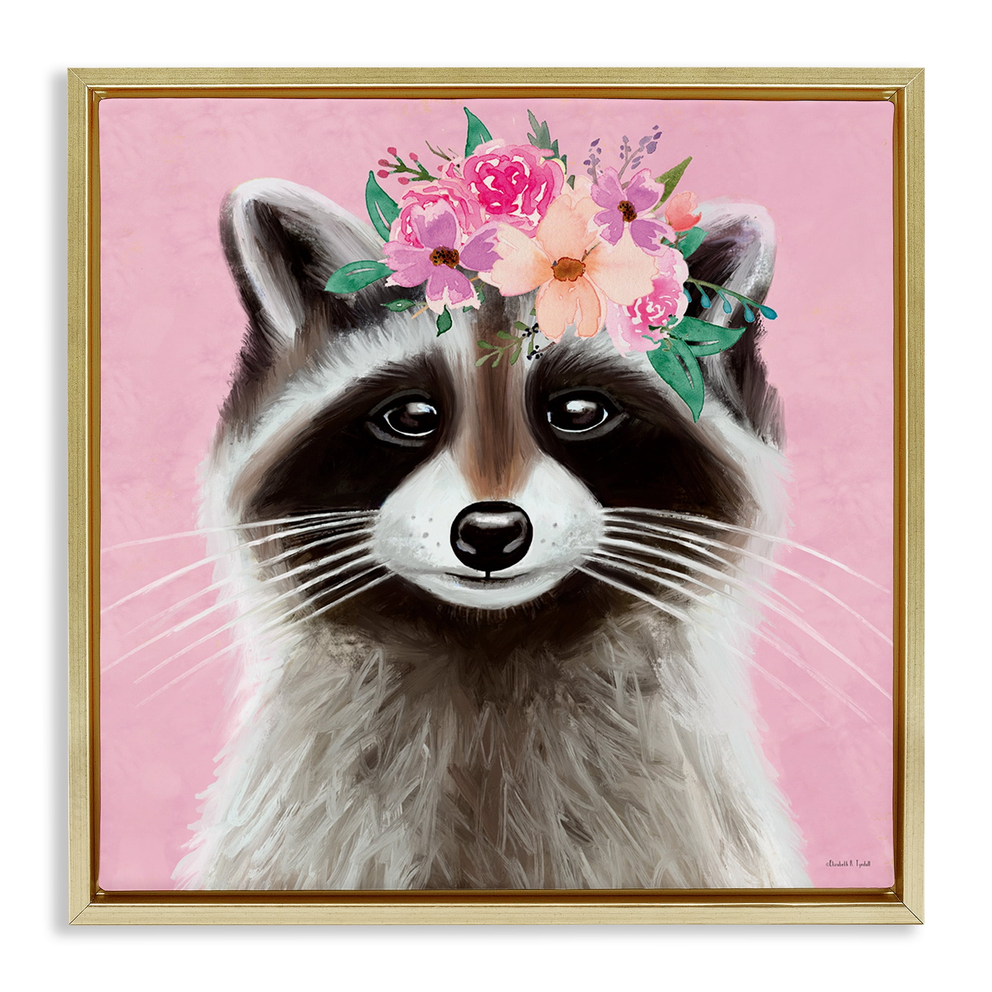 Stupell Industries Pink Florals Raccoon Animals & Insects Painting Gold Floater Framed Canvas Art Print Wall Art, 25 x 25