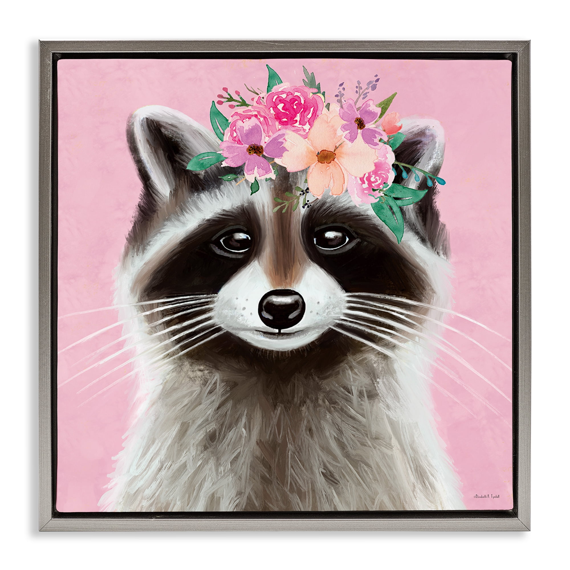 Stupell Industries Pink Florals Raccoon Animals & Insects Painting Gray Floater Framed Canvas Art Print Wall Art, 25 x 25