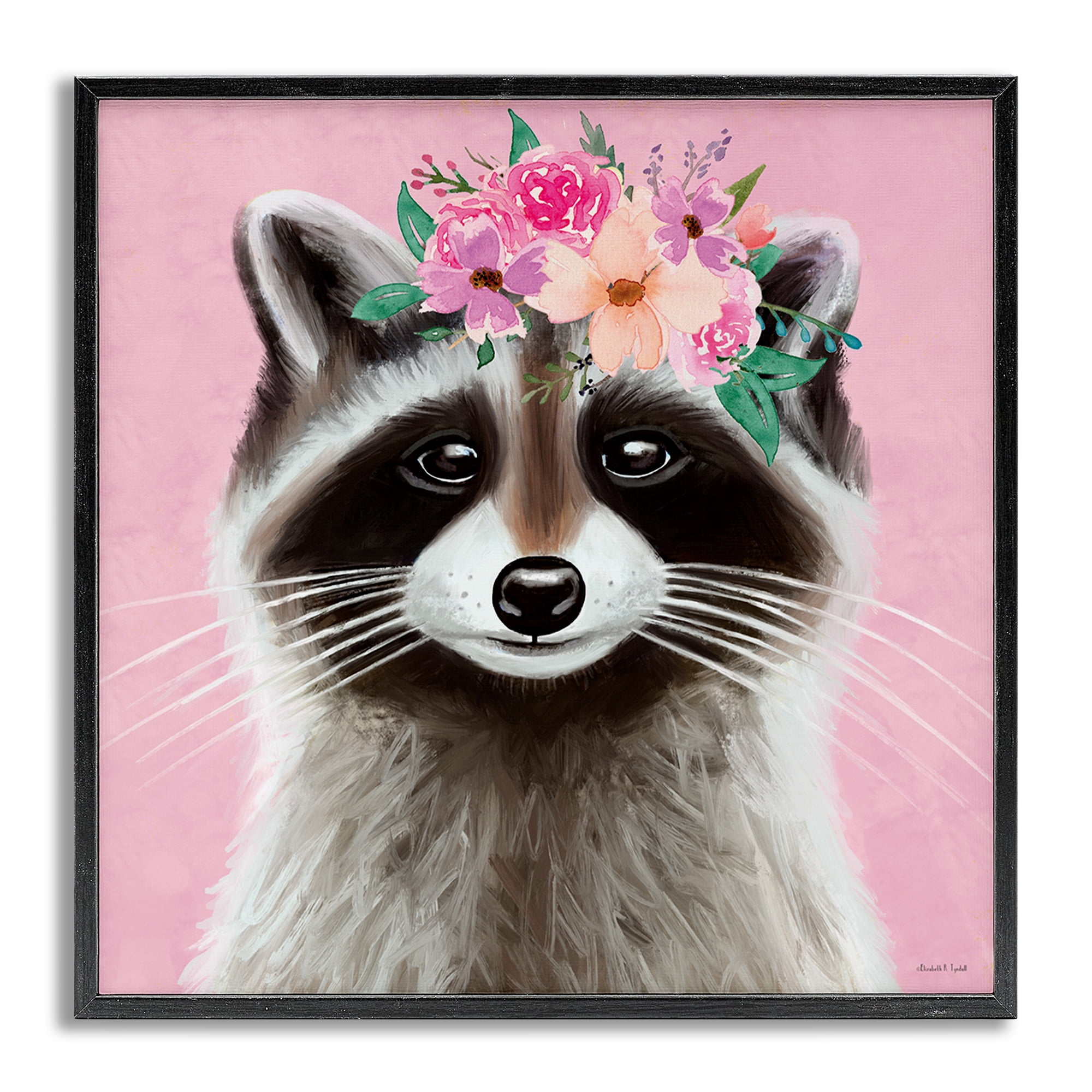 Stupell Industries Pink Florals Raccoon Animals & Insects Painting Gray Framed Art Print Wall Art, 24 x 24