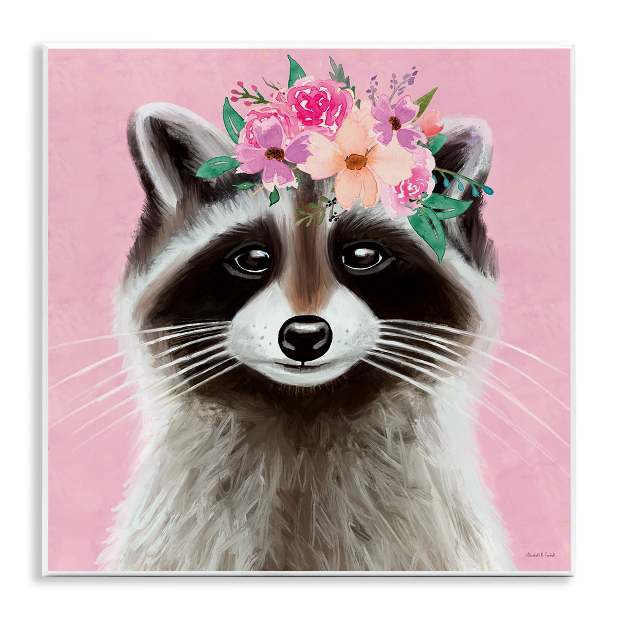 Stupell Industries Pink Florals Raccoon Animals & Insects Painting Unframed Art Print Wall Art, 12 x 12