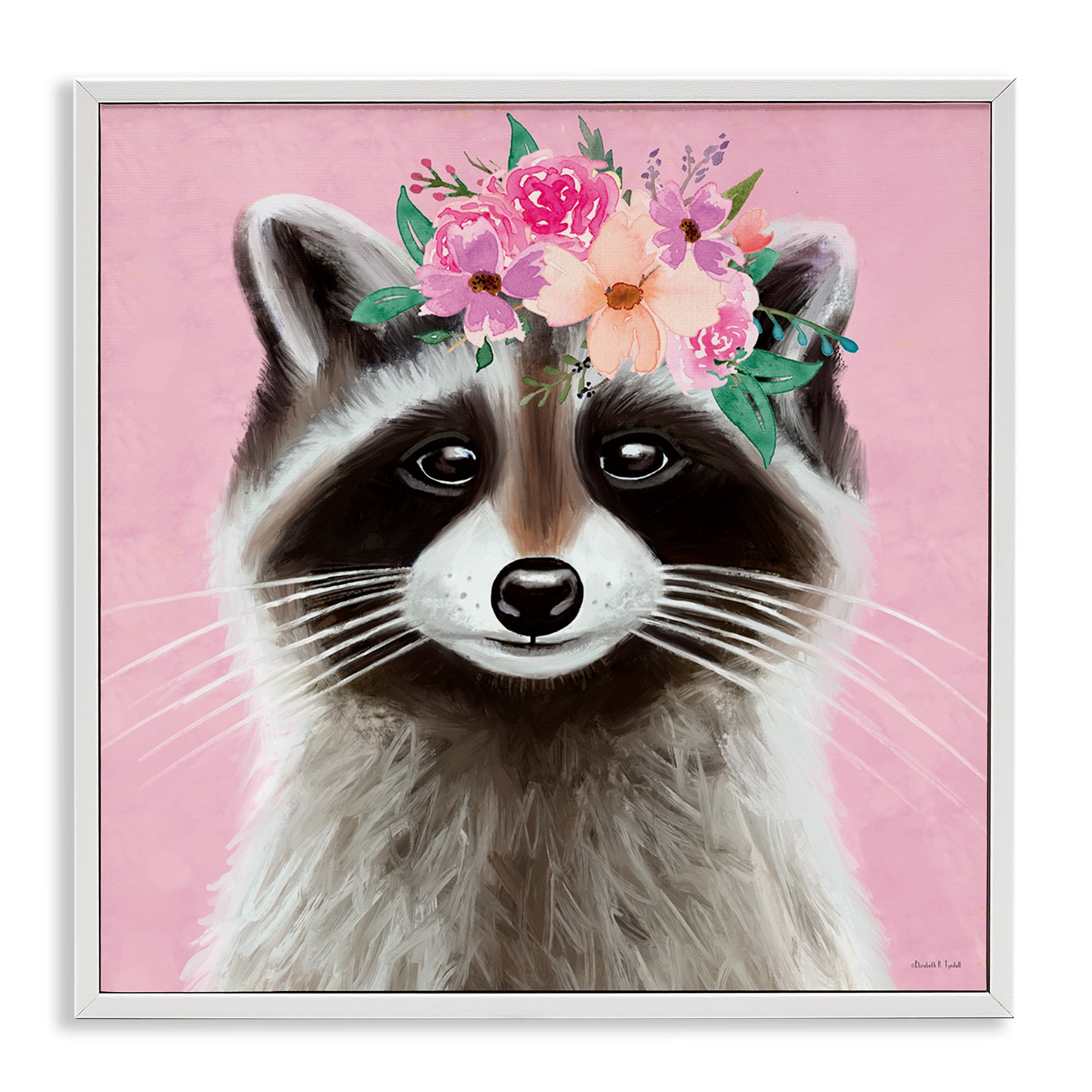 Stupell Industries Pink Florals Raccoon Animals & Insects Painting White Framed Art Print Wall Art, 12 x 12