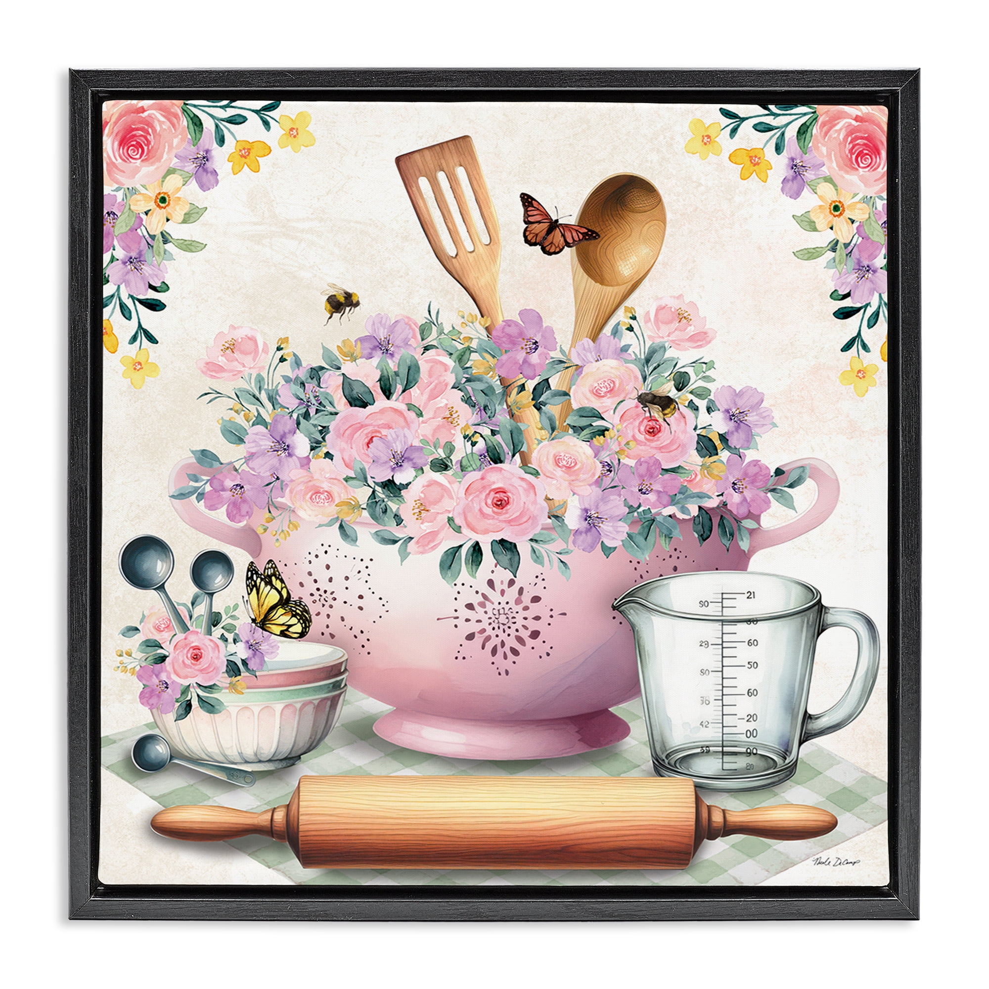 Stupell Industries Pink Florals & Utensils Food & Beverage Painting Black Floater Framed Canvas Art Print Wall Art, 25 x 25