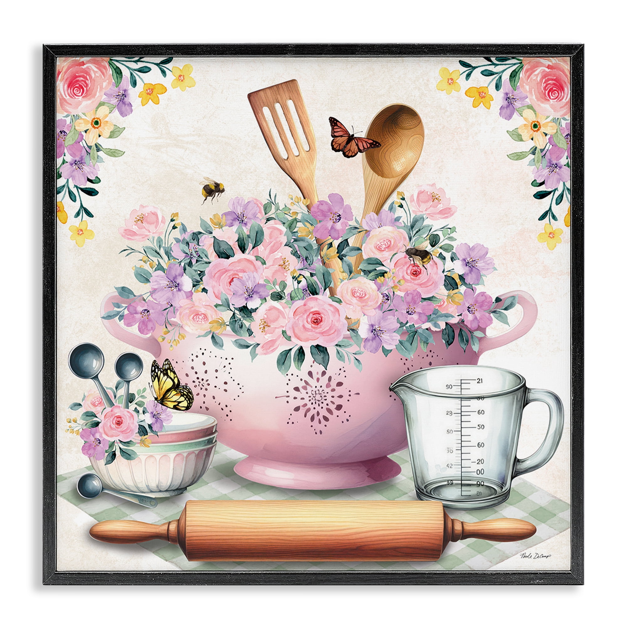 Stupell Industries Pink Florals & Utensils Food & Beverage Painting Black Framed Art Print Wall Art, 17 x 17