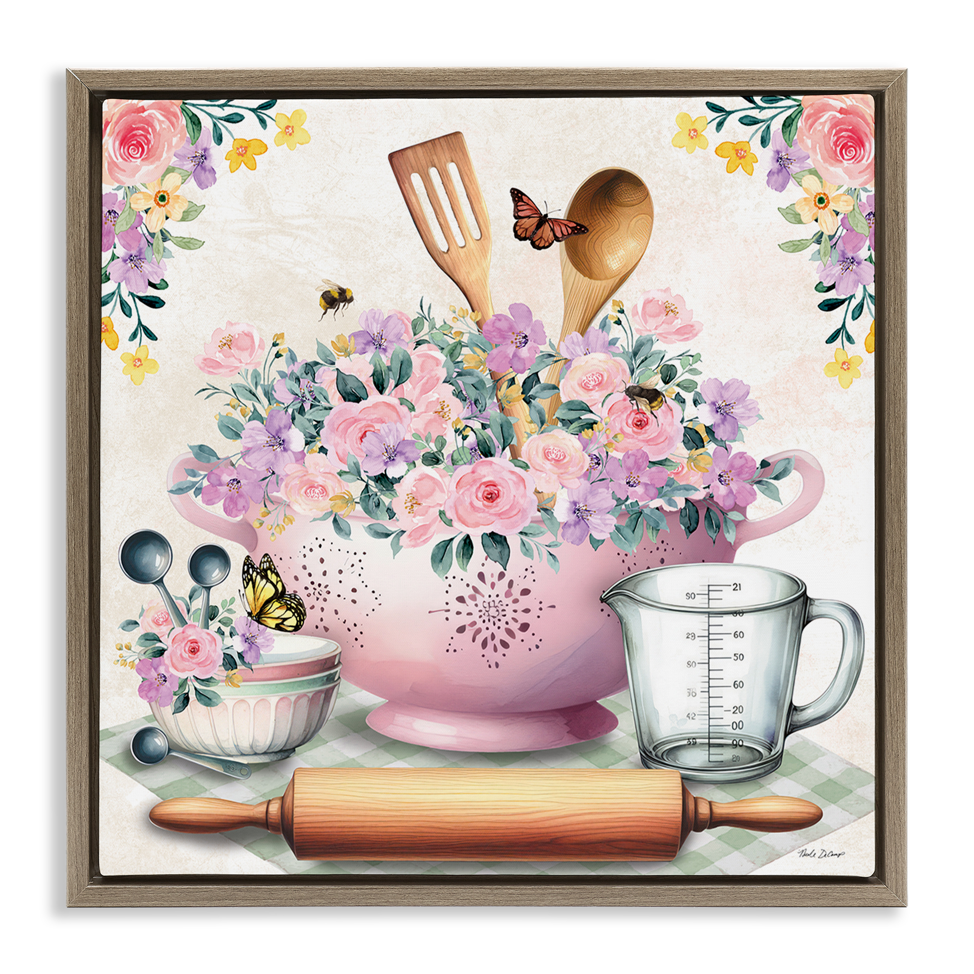 Stupell Industries Pink Florals & Utensils Food & Beverage Painting Brown Floater Framed Canvas Art Print Wall Art, 18 x 18