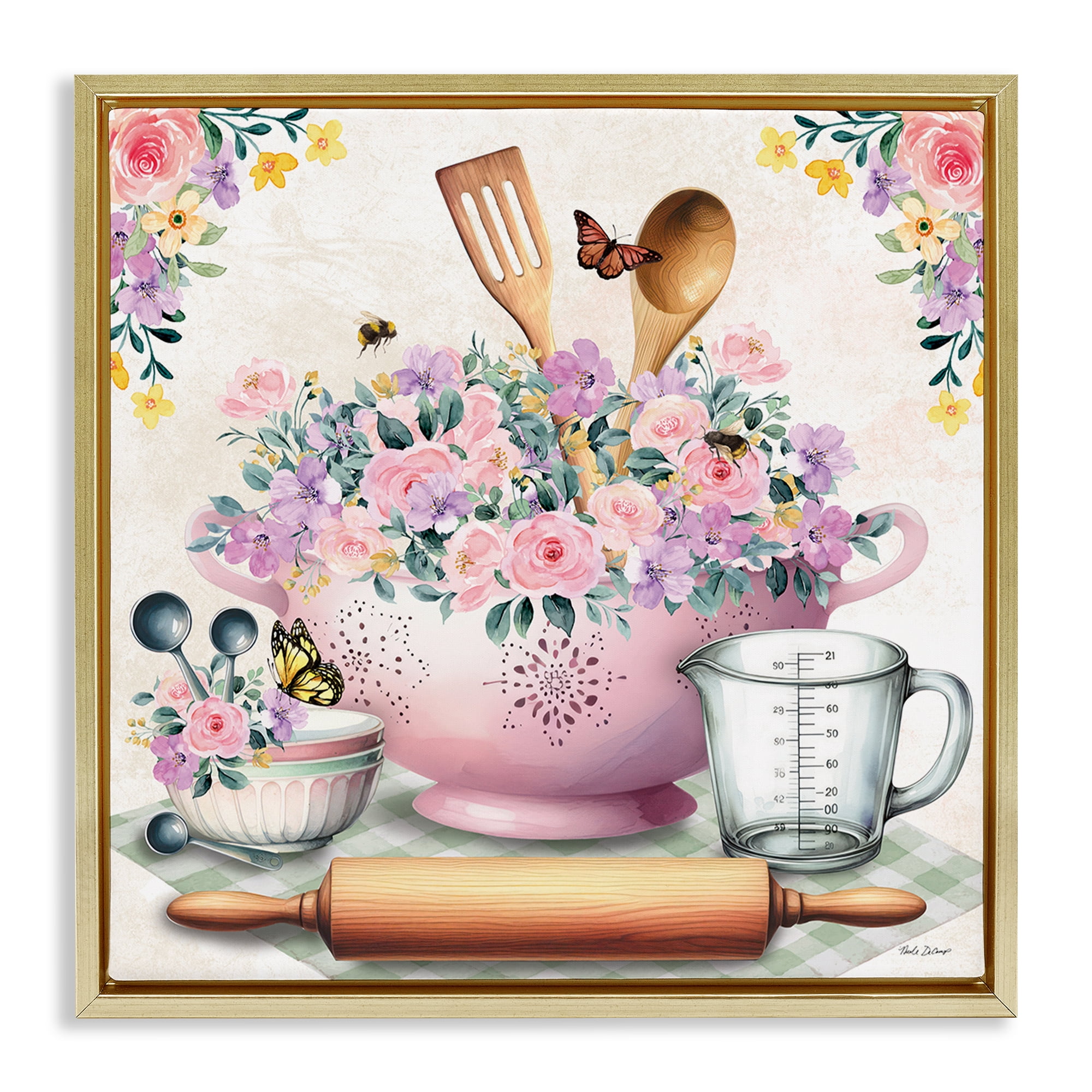 Stupell Industries Pink Florals & Utensils Food & Beverage Painting Gold Floater Framed Canvas Art Print Wall Art, 25 x 25