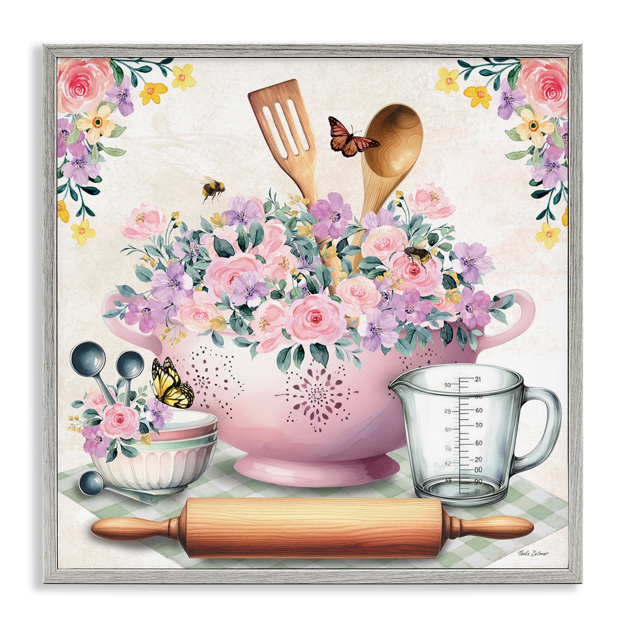 Stupell Industries Pink Florals & Utensils Food & Beverage Painting Gray Framed Art Print Wall Art, 12 x 12