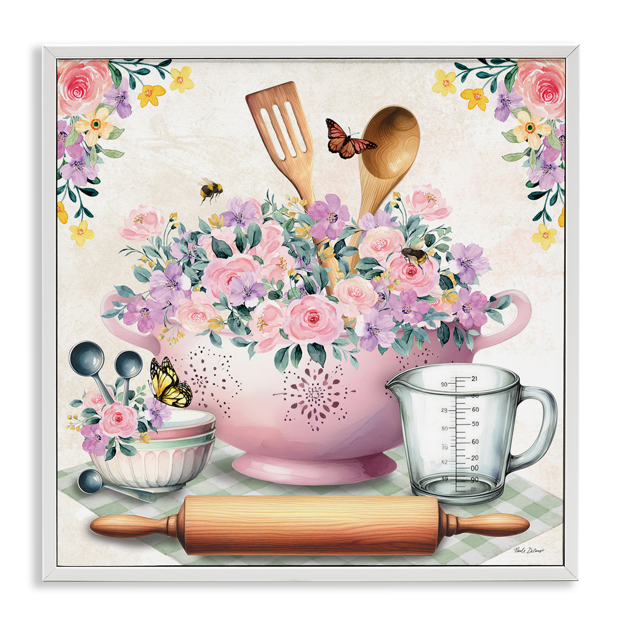 Stupell Industries Pink Florals & Utensils Food & Beverage Painting White Framed Art Print Wall Art, 12 x 12