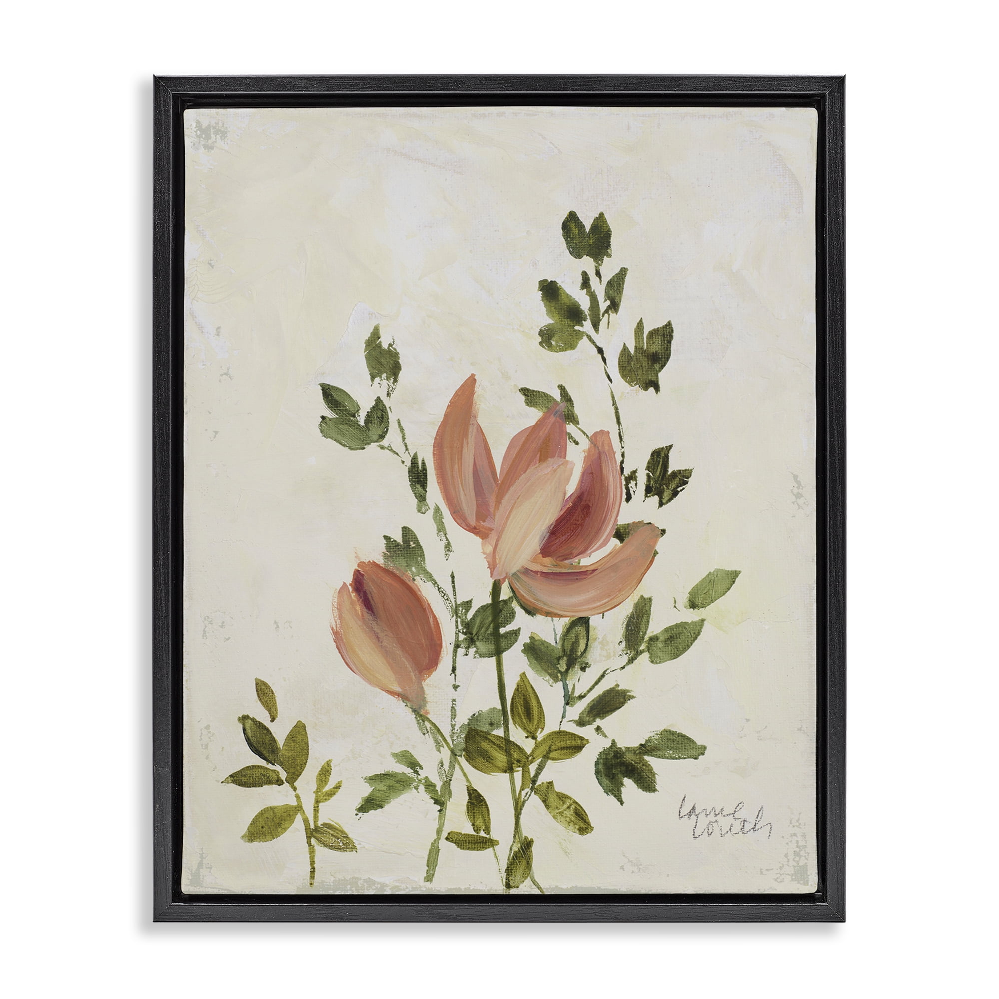 Stupell Industries Pink Florals Vintage Leaves Floral & Botanical Painting Black Floater Framed Canvas Art Print Wall Art, 17 x 21