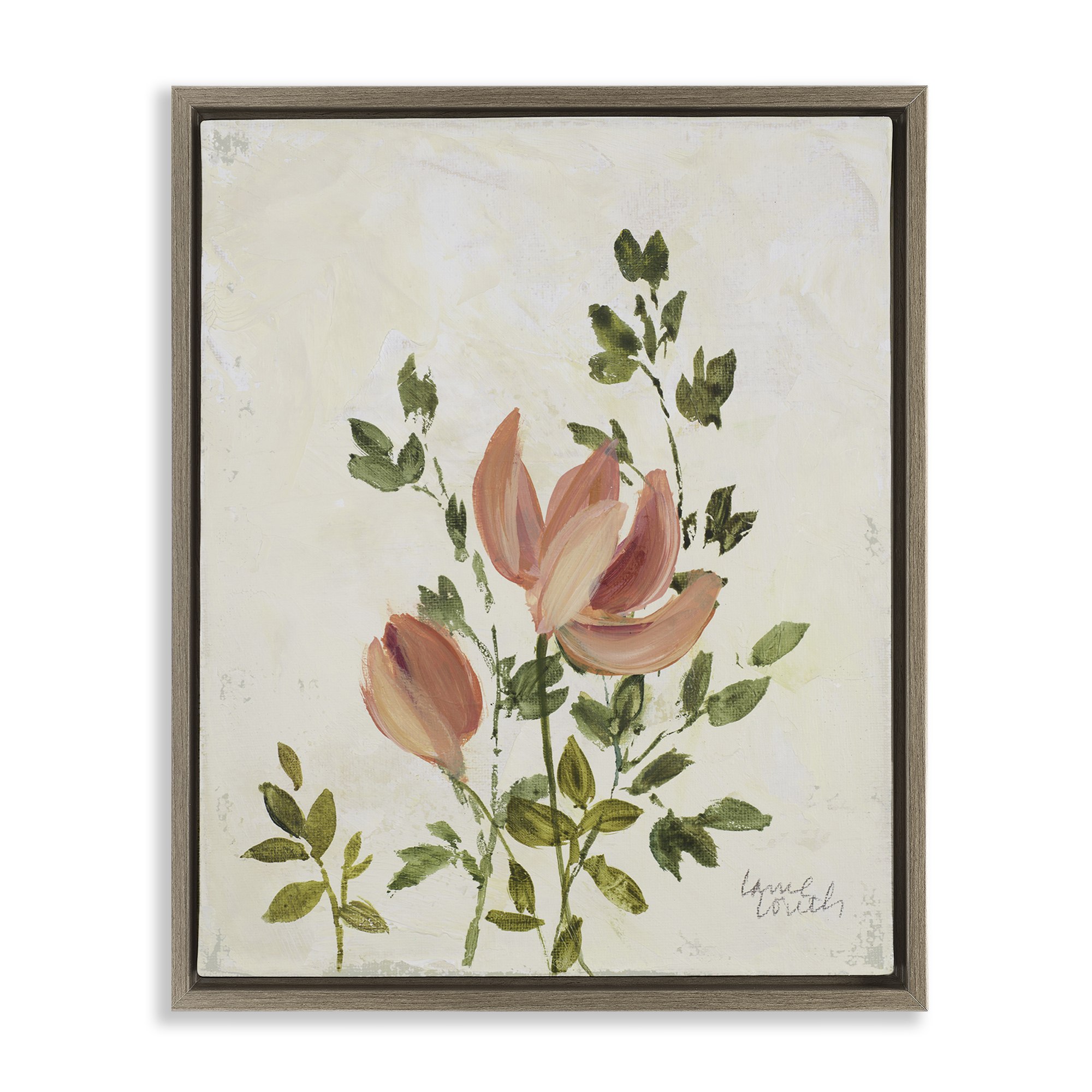 Stupell Industries Pink Florals Vintage Leaves Floral & Botanical Painting Brown Floater Framed Canvas Art Print Wall Art, 25 x 31