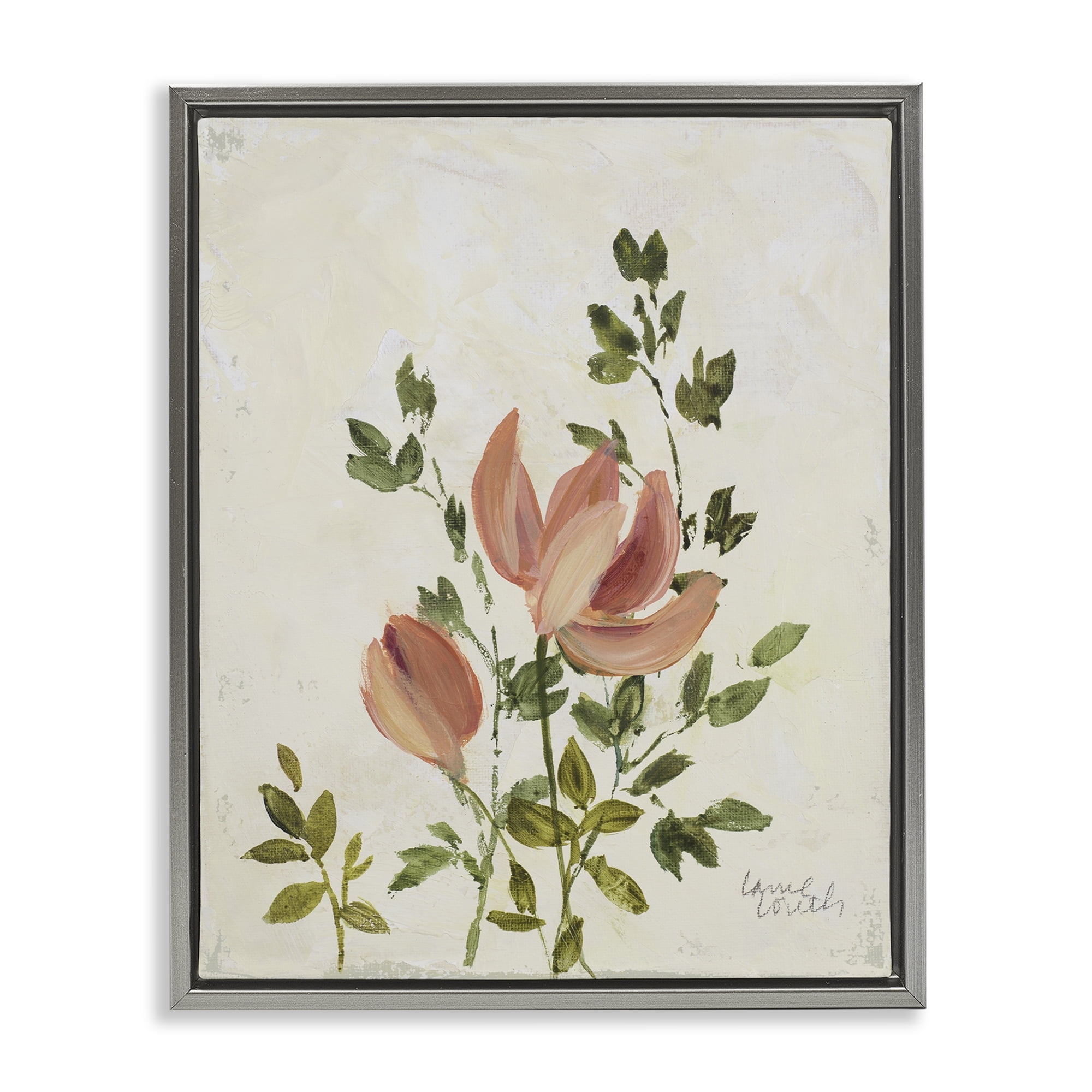 Stupell Industries Pink Florals Vintage Leaves Floral & Botanical Painting Gray Floater Framed Canvas Art Print Wall Art, 25 x 31