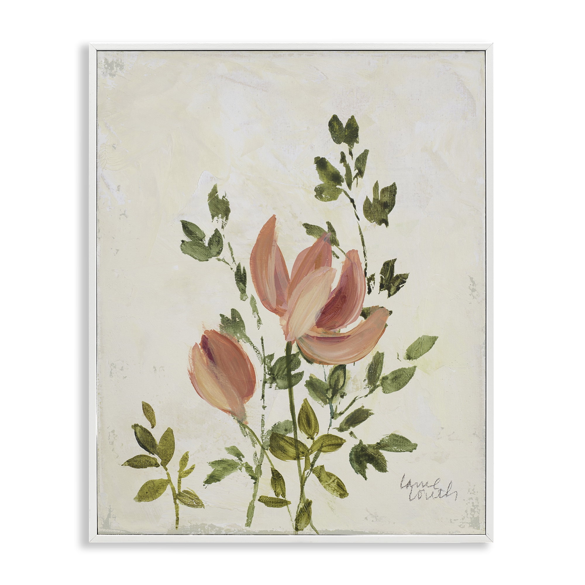Stupell Industries Pink Florals Vintage Leaves Floral & Botanical Painting White Framed Art Print Wall Art, 16 x 20