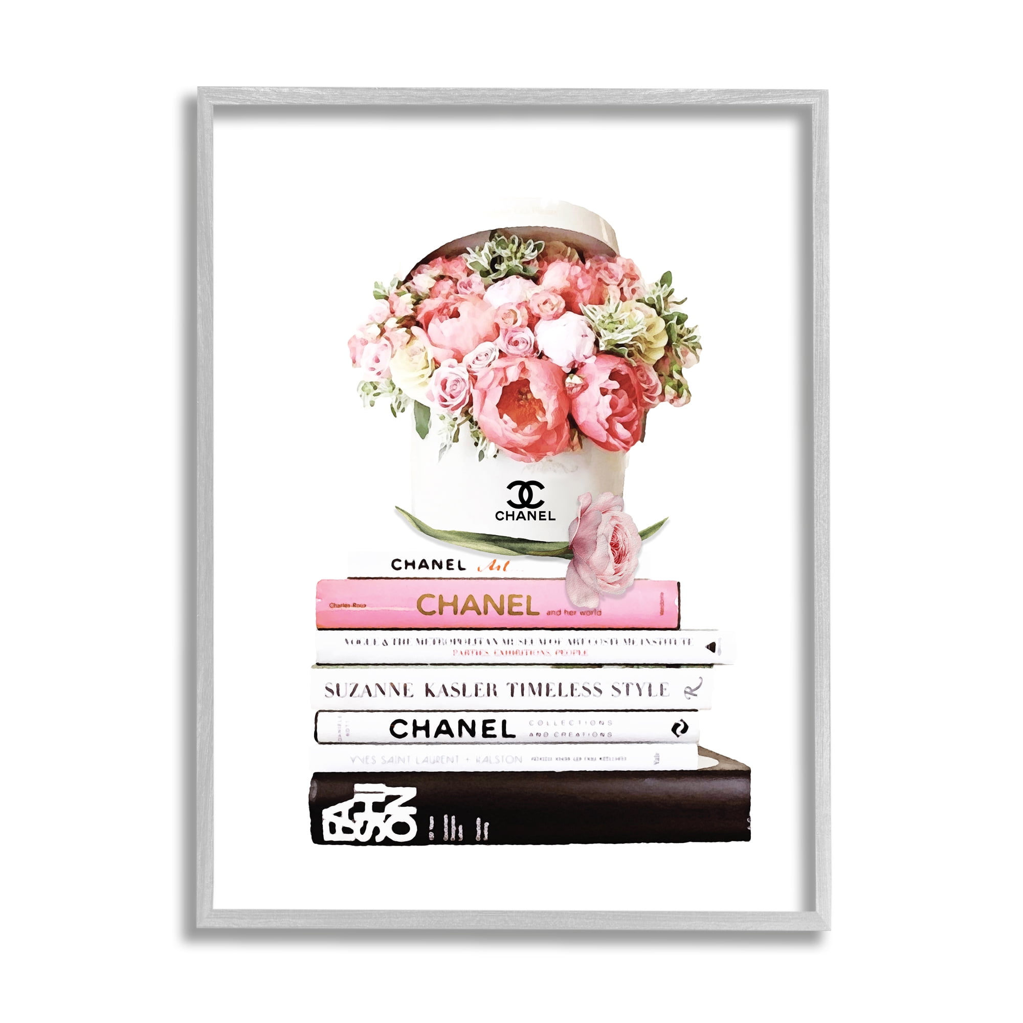 Stupell Industries Pink Florals in Hat Box Glam Fashion Books Modern Painting Gray Framed Art Print Wall Art, 11 x 14, Design by Ros Ruseva