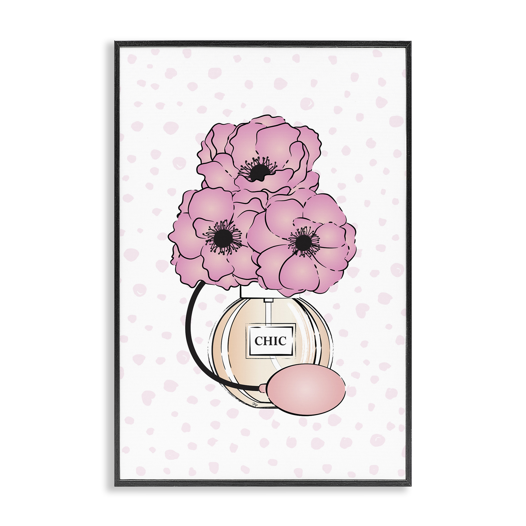 Stupell Industries Pink Florals in Perfume Botanical & Floral Painting Black Framed Art Print Wall Art, 12 x 18