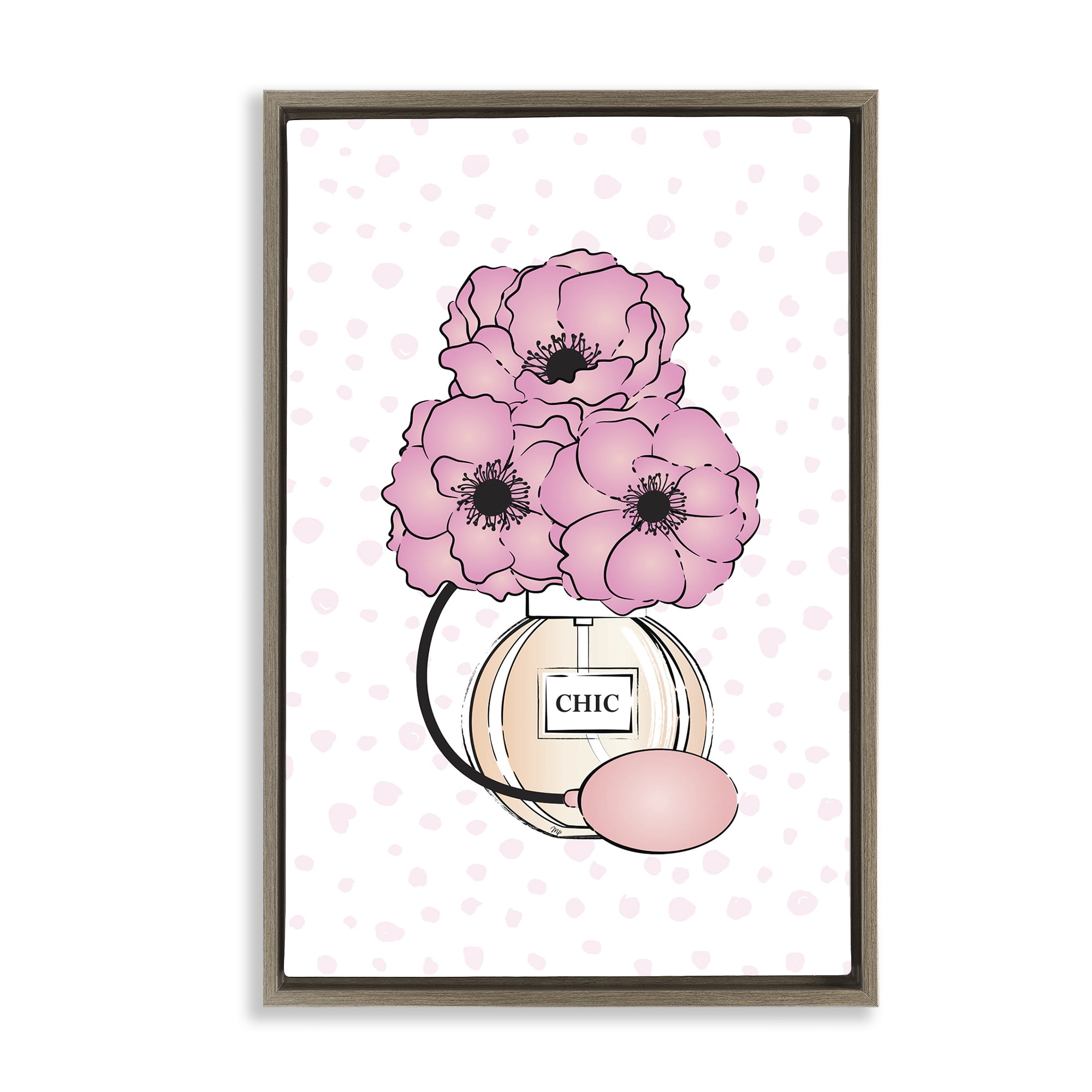 Stupell Industries Pink Florals in Perfume Botanical & Floral Painting Brown Floater Framed Art Print Wall Art, 21 x 31