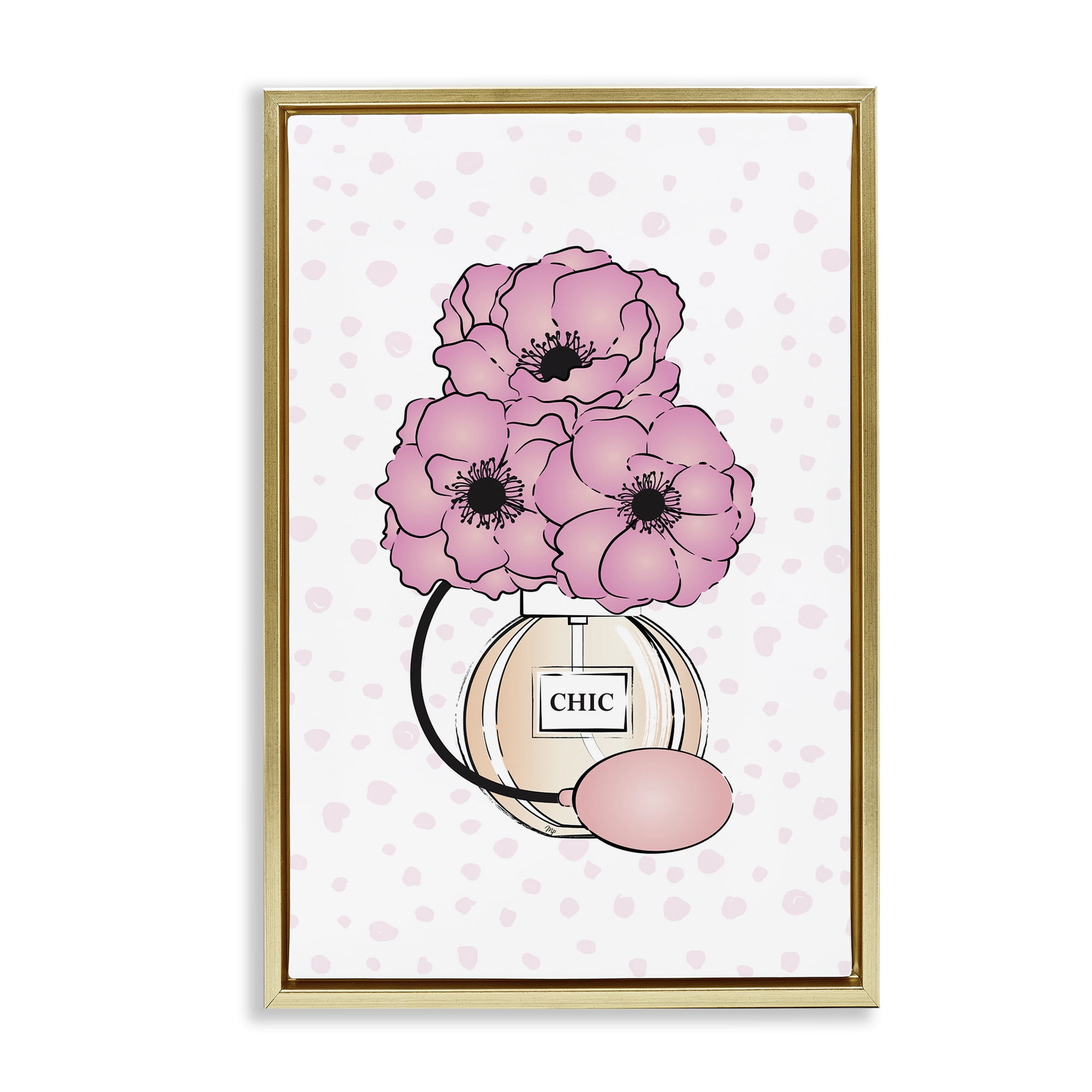 Stupell Industries Pink Florals in Perfume Botanical & Floral Painting Gold Floater Framed Art Print Wall Art, 21 x 31