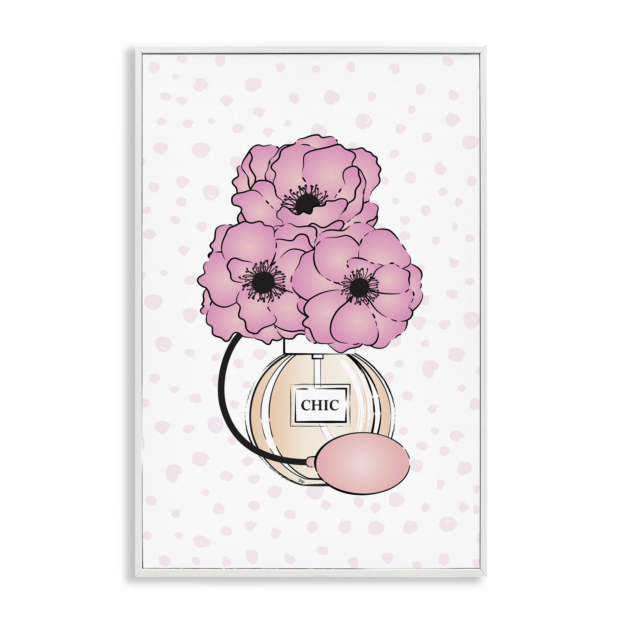 Stupell Industries Pink Florals in Perfume Botanical & Floral Painting White Framed Art Print Wall Art, 12 x 18