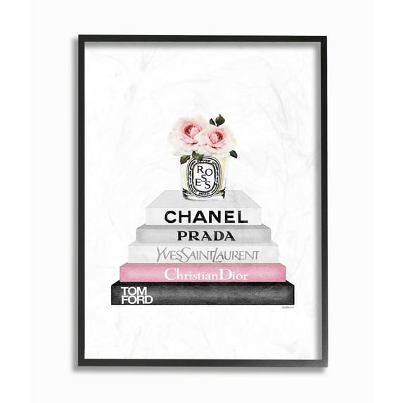 Stupell Industries Pink Flower Black Bookstack Glam Fashion Design Framed Wall Art by Amanda Greenwood