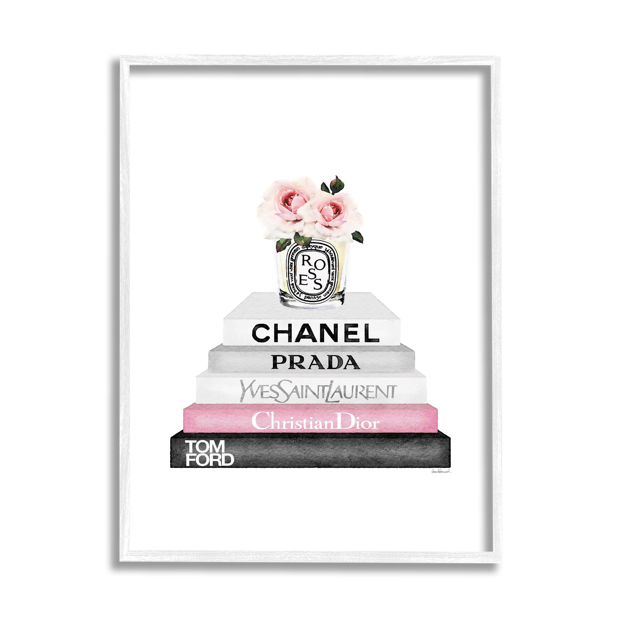 Stupell Industries Pink Flower Black Bookstack Glam Fashion Design Graphic Art White Framed Art Print Wall Art, 11x14, by Amanda Greenwood
