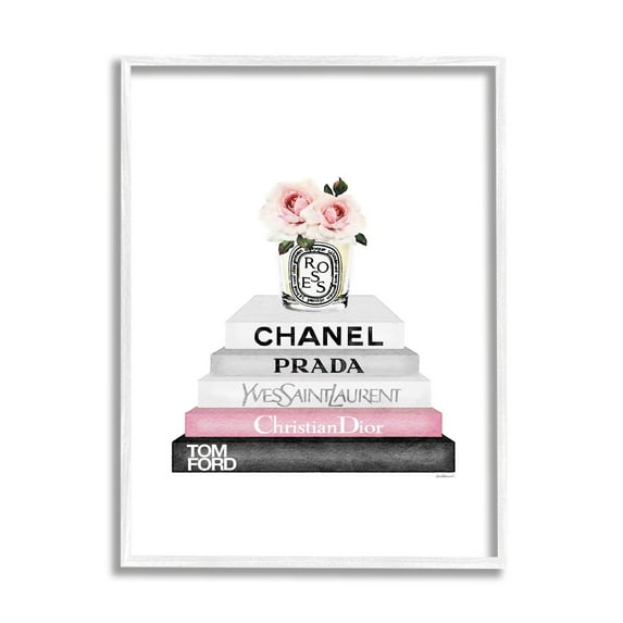 Stupell Industries Pink Flower Black Bookstack Glam Fashion Design Graphic Art White Framed Art Print Wall Art, 11x14, by Amanda Greenwood