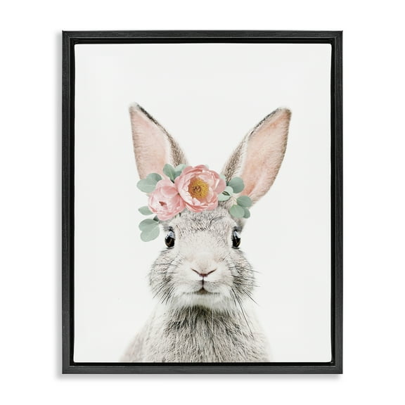 Stupell Industries Pink Flower Bunny Animals Painting Black Floater Framed Canvas Art Print Wall Art, 17 x 21