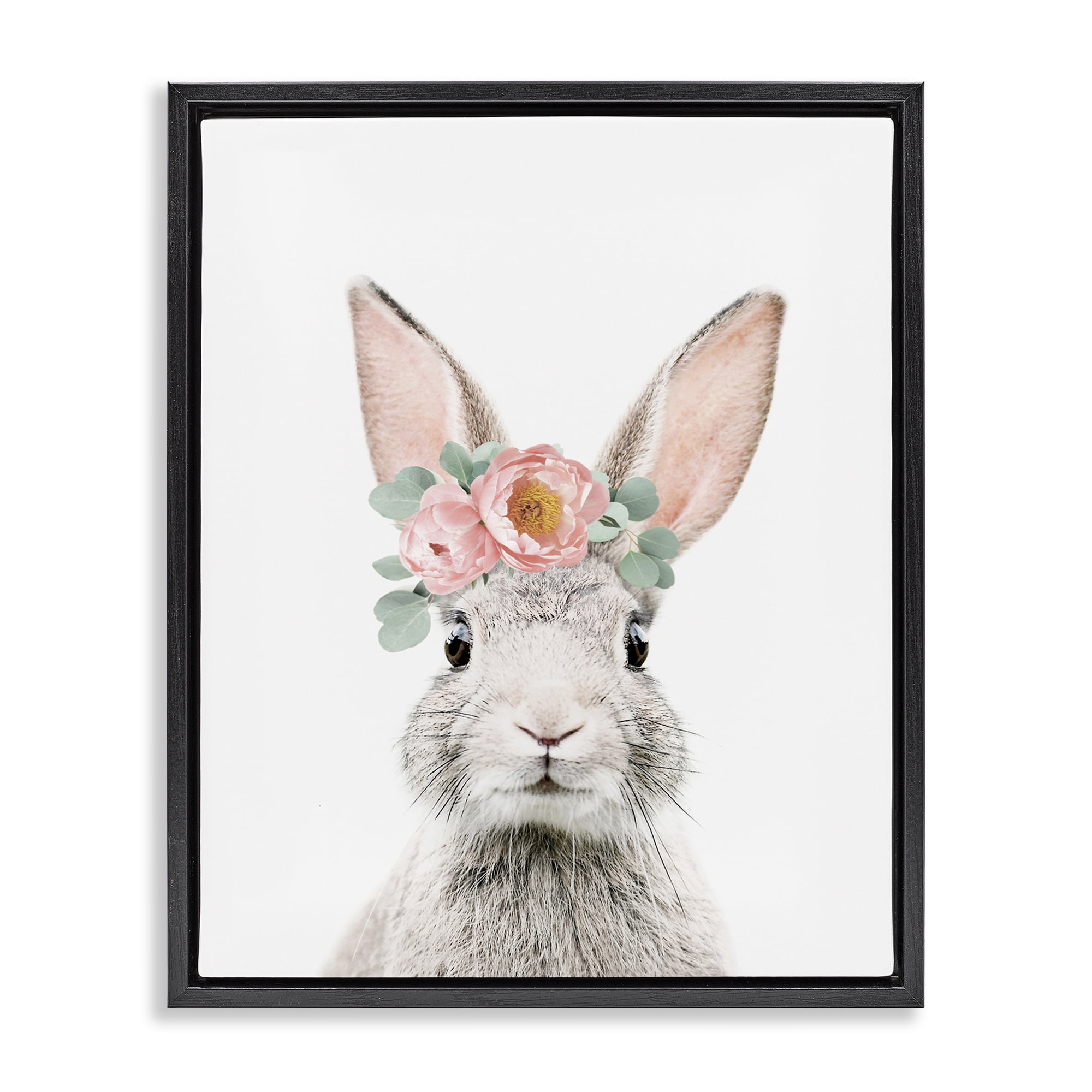 Stupell Industries Pink Flower Bunny Animals Painting Black Floater Framed Canvas Art Print Wall Art, 25 x 31