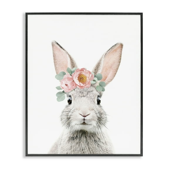 Stupell Industries Pink Flower Bunny Animals Painting Black Framed Art Print Wall Art, 11 x 14