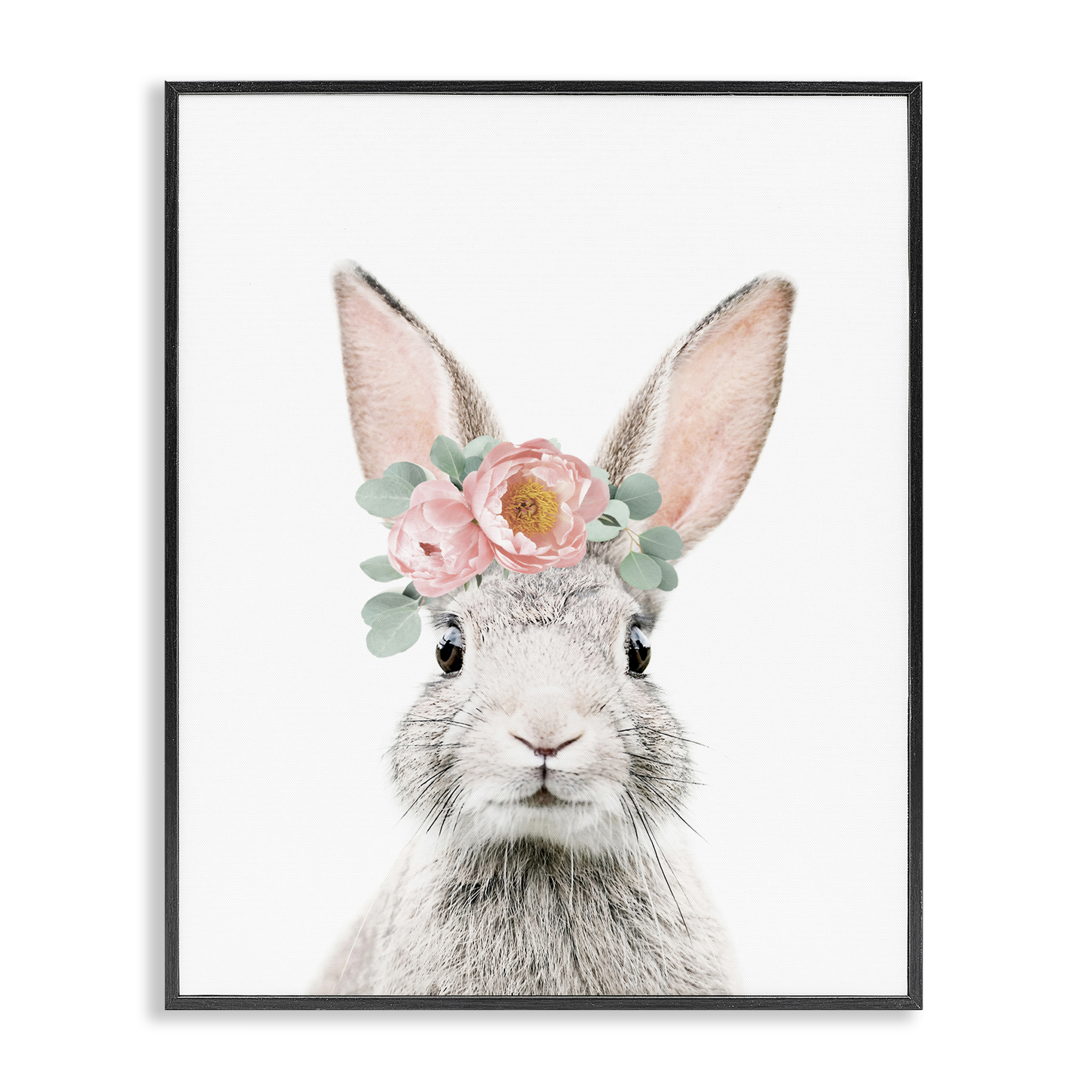 Stupell Industries Pink Flower Bunny Animals Painting Black Framed Art Print Wall Art, 24 x 30