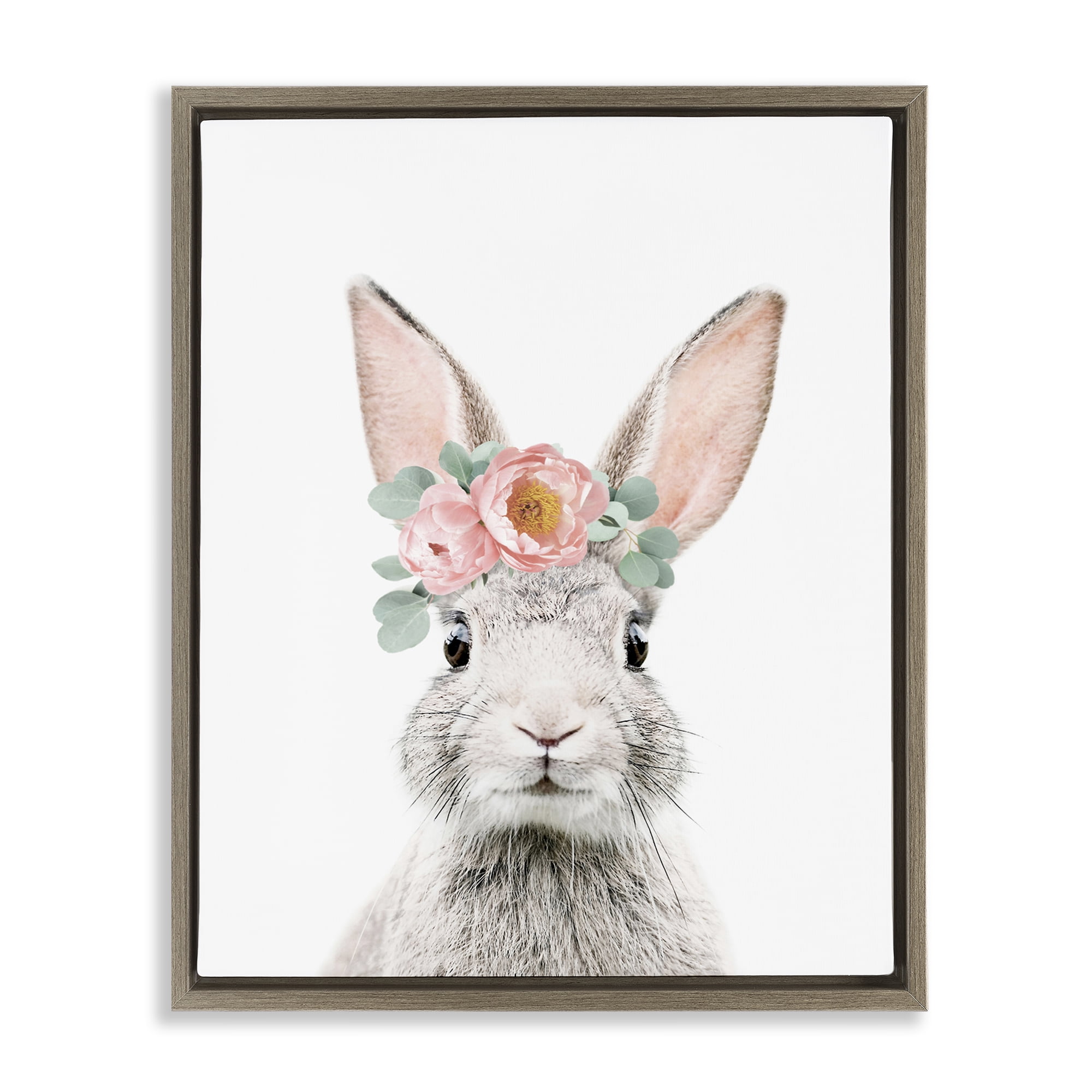 Stupell Industries Pink Flower Bunny Animals Painting Brown Floater Framed Canvas Art Print Wall Art, 25 x 31