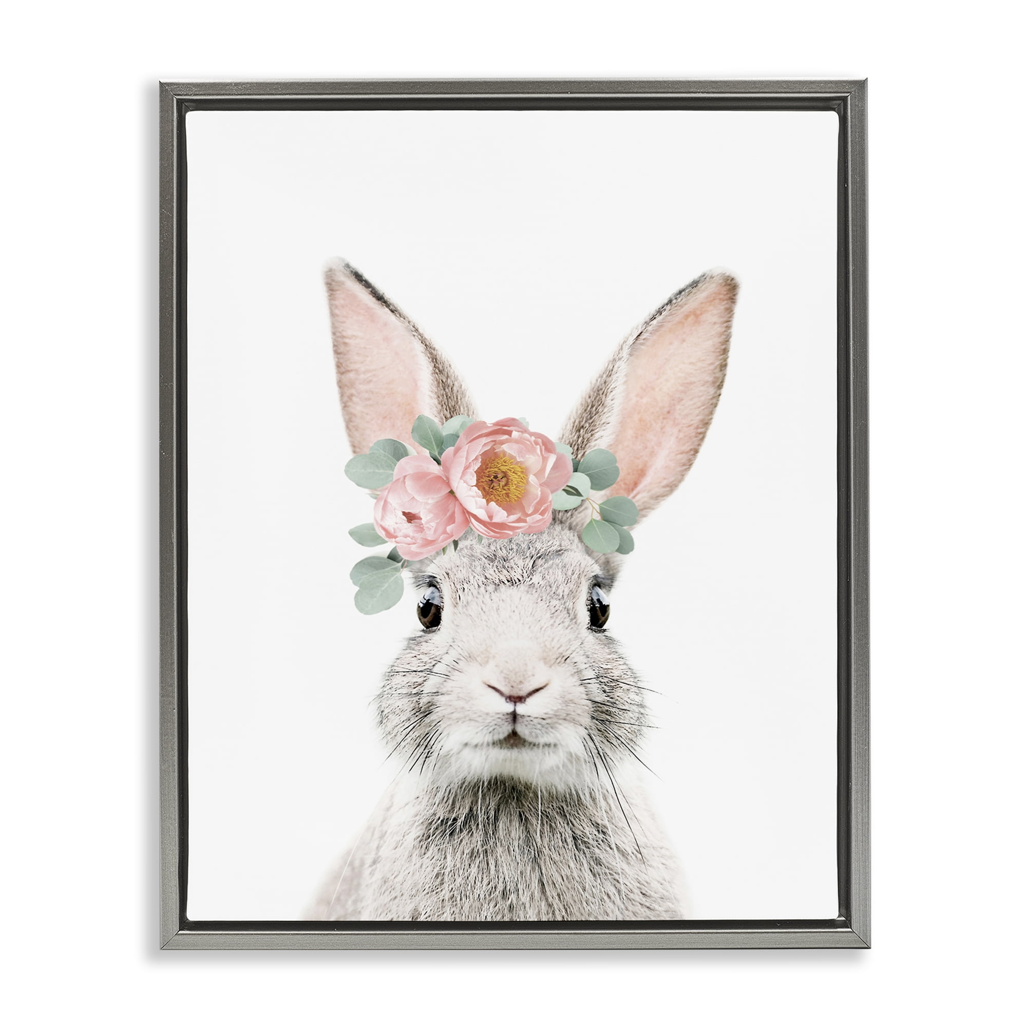 Stupell Industries Pink Flower Bunny Animals Painting Gray Floater Framed Canvas Art Print Wall Art, 17 x 21