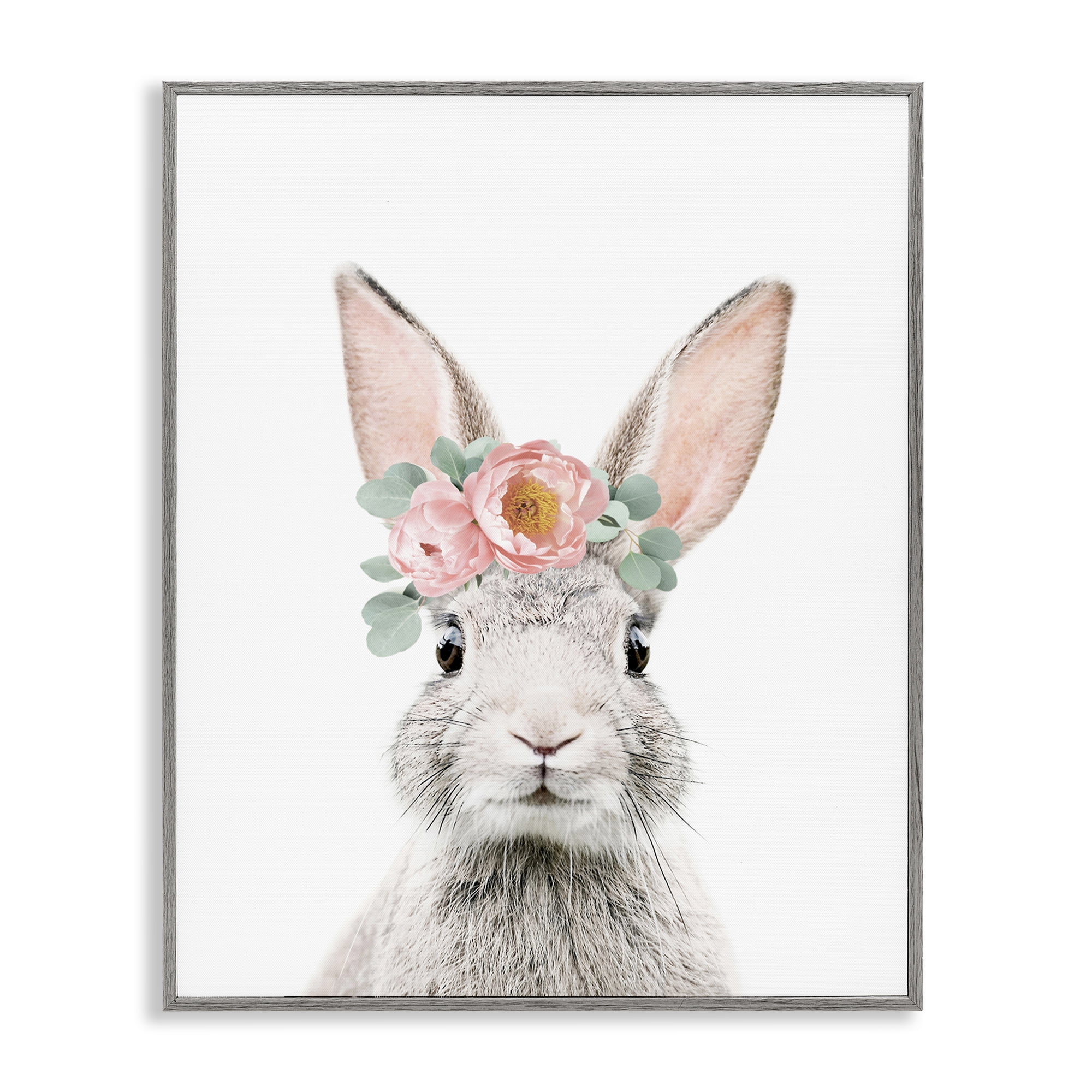 Stupell Industries Pink Flower Bunny Animals Painting Gray Framed Art Print Wall Art, 16 x 20