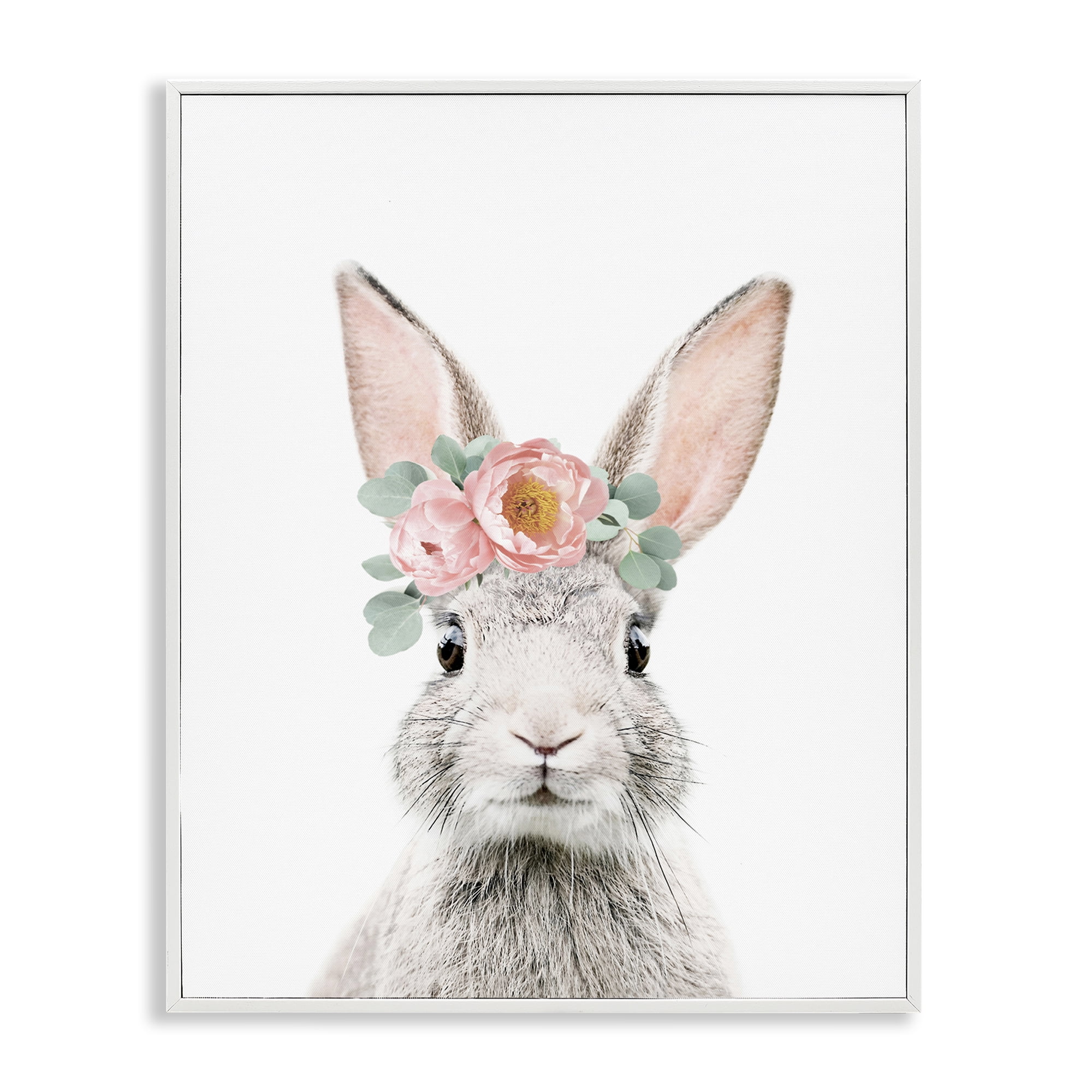 Stupell Industries Pink Flower Bunny Animals Painting White Framed Art Print Wall Art, 24 x 30