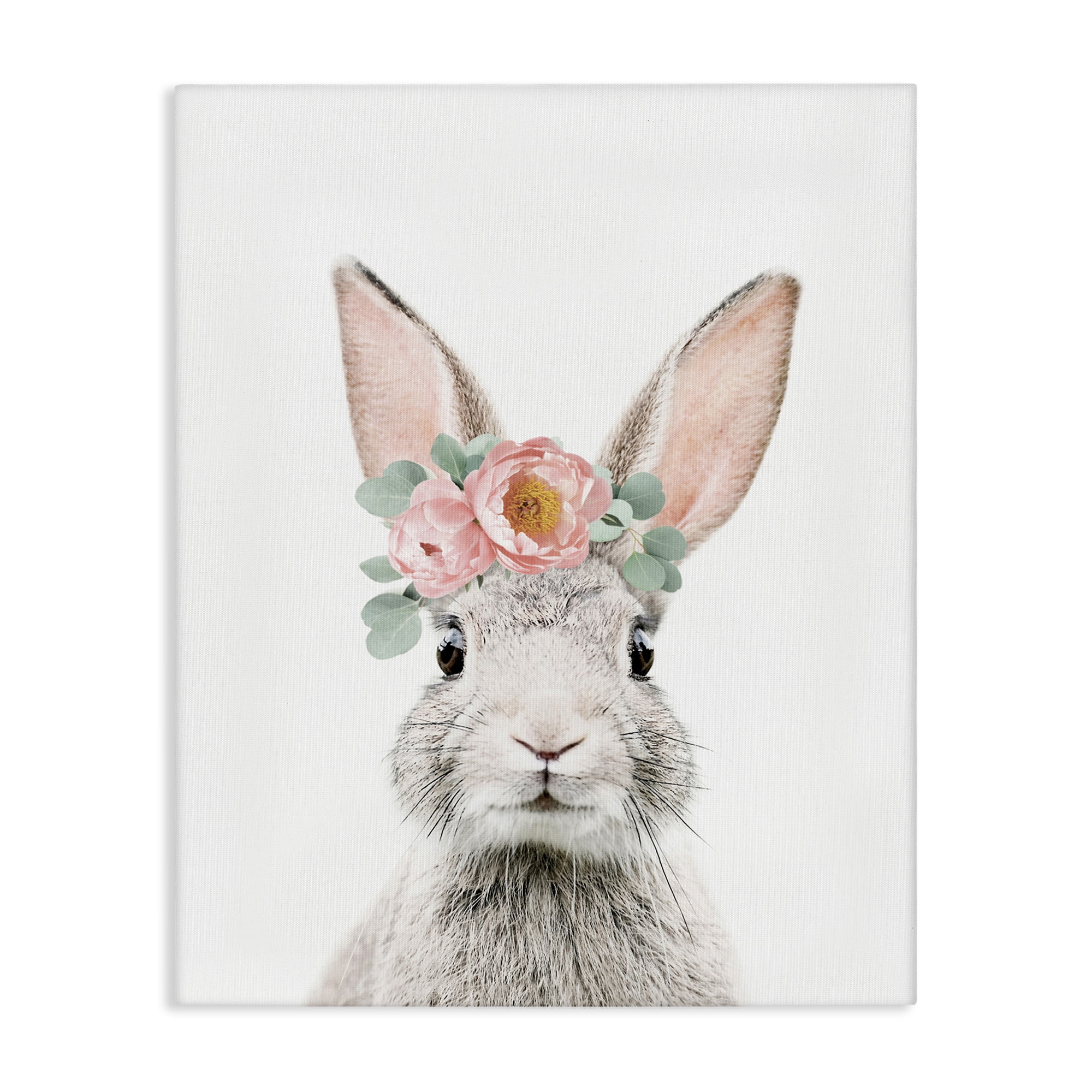 Stupell Industries Pink Flower Bunny Animals Painting Wrapped Canvas Art Print Wall Art, 30 x 40