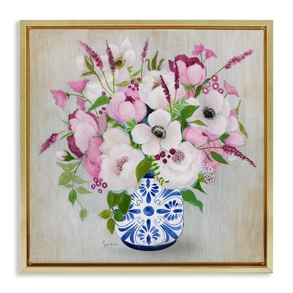 Stupell Industries Pink Flower Chinoiserie Gold Framed Floater Canvas Wall Art design by Janet Tava, 25 x 25